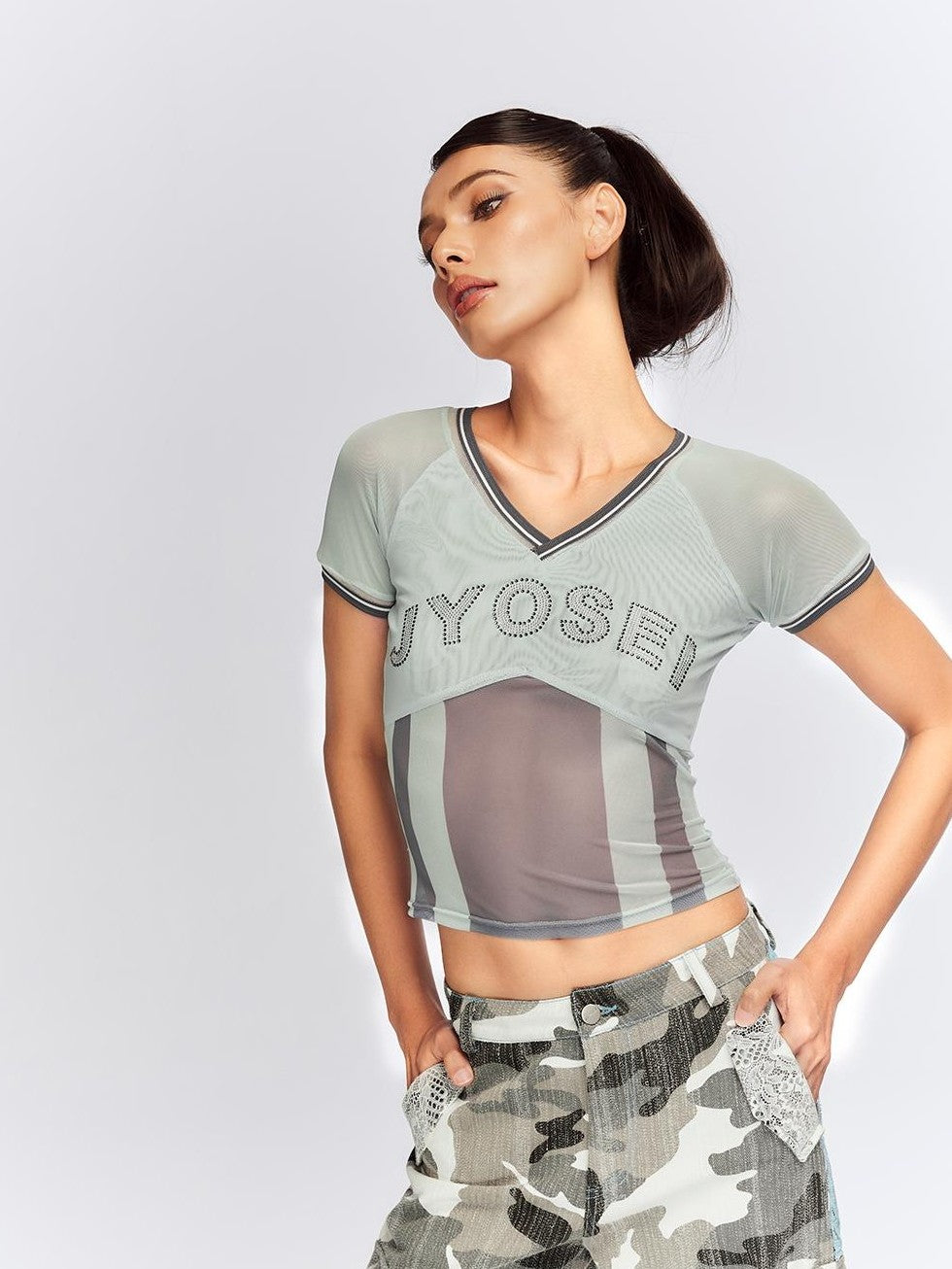 JYOSEI Mesh Panel Ribbed Rhinestone V-neck Slim Fit Women&