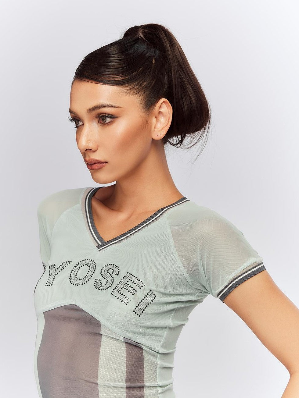 JYOSEI Mesh Panel Ribbed Rhinestone V-neck Slim Fit Women&