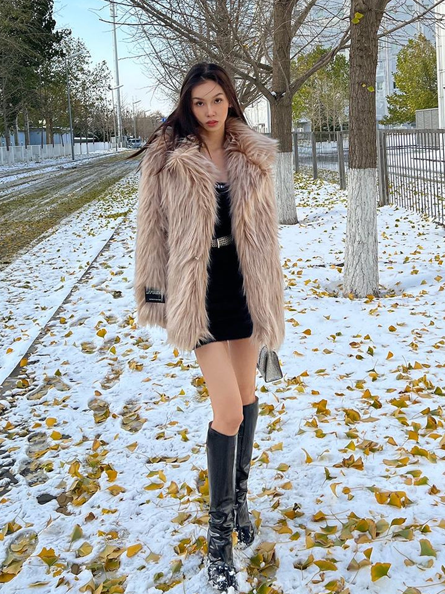 JYOSEI Mid Length Plush Teddy Coat In Beige And White