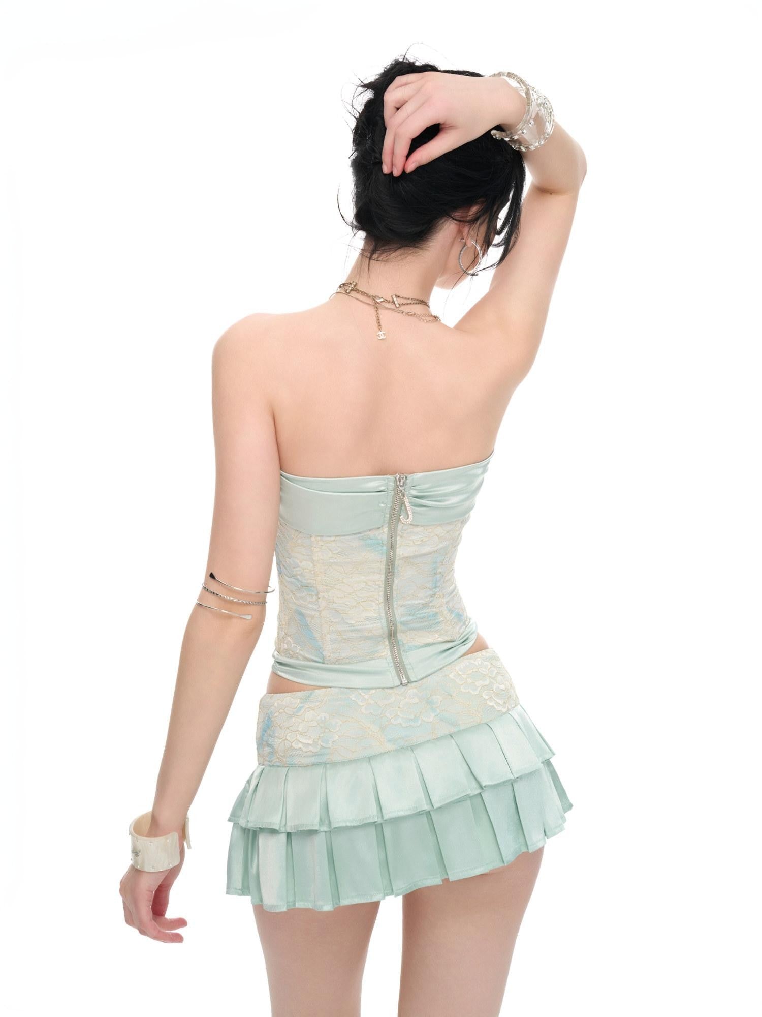 JYOSEI Mint Green Lace Satin Fishbone Corset Women&