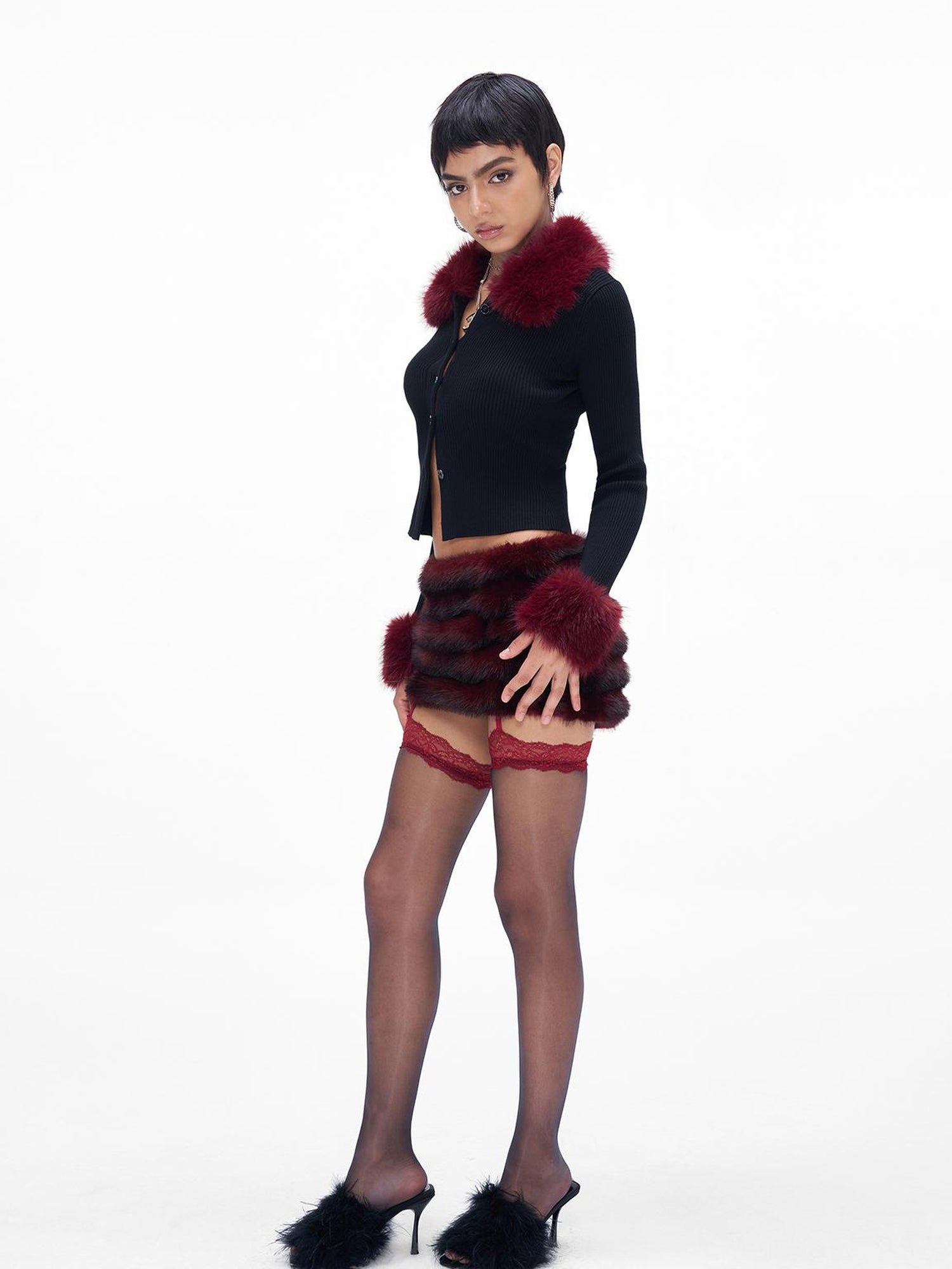 JYOSEI New Year Knit Vest Set with Detachable Fur Trim and Bodycon Skirt