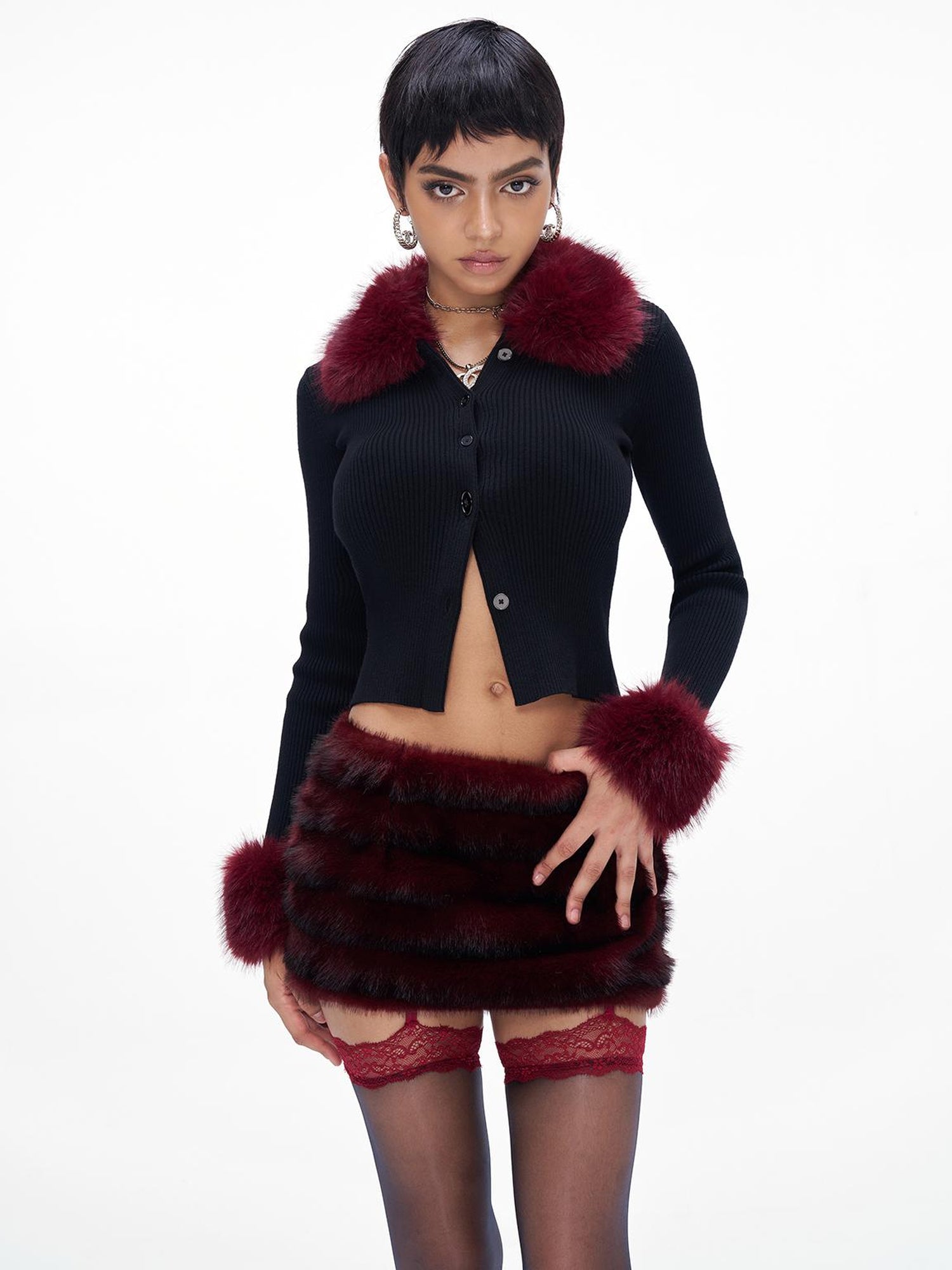JYOSEI New Year Knit Vest Set with Detachable Fur Trim and Bodycon Skirt