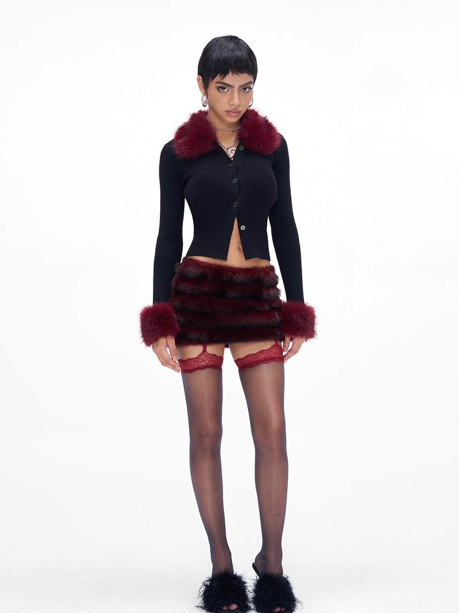 JYOSEI New Year Knit Vest Set with Detachable Fur Trim and Bodycon Skirt