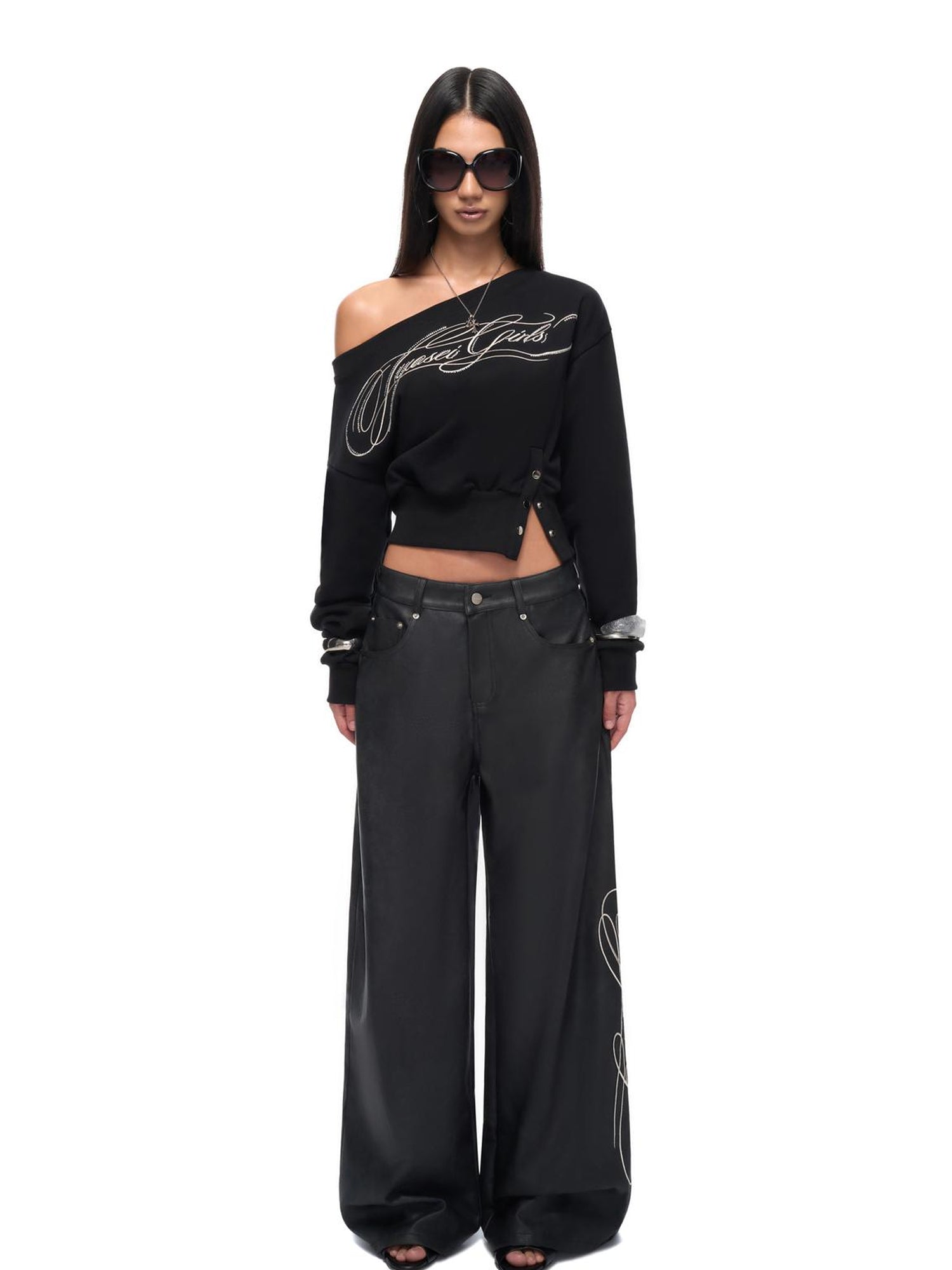 JYOSEI Off Shoulder Embroidered Crop Hoodie with Wide Leg Low Rise Leather Pants Set