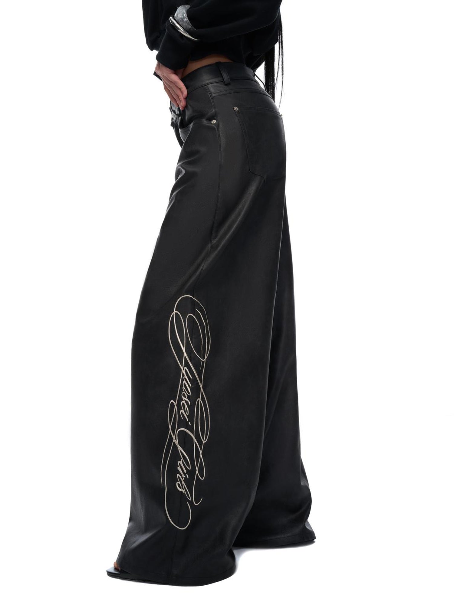 JYOSEI Off Shoulder Embroidered Crop Hoodie with Wide Leg Low Rise Leather Pants Set