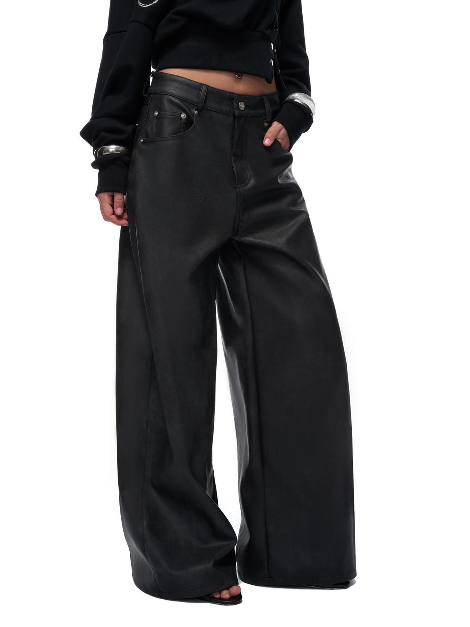 JYOSEI Off Shoulder Embroidered Crop Hoodie with Wide Leg Low Rise Leather Pants Set