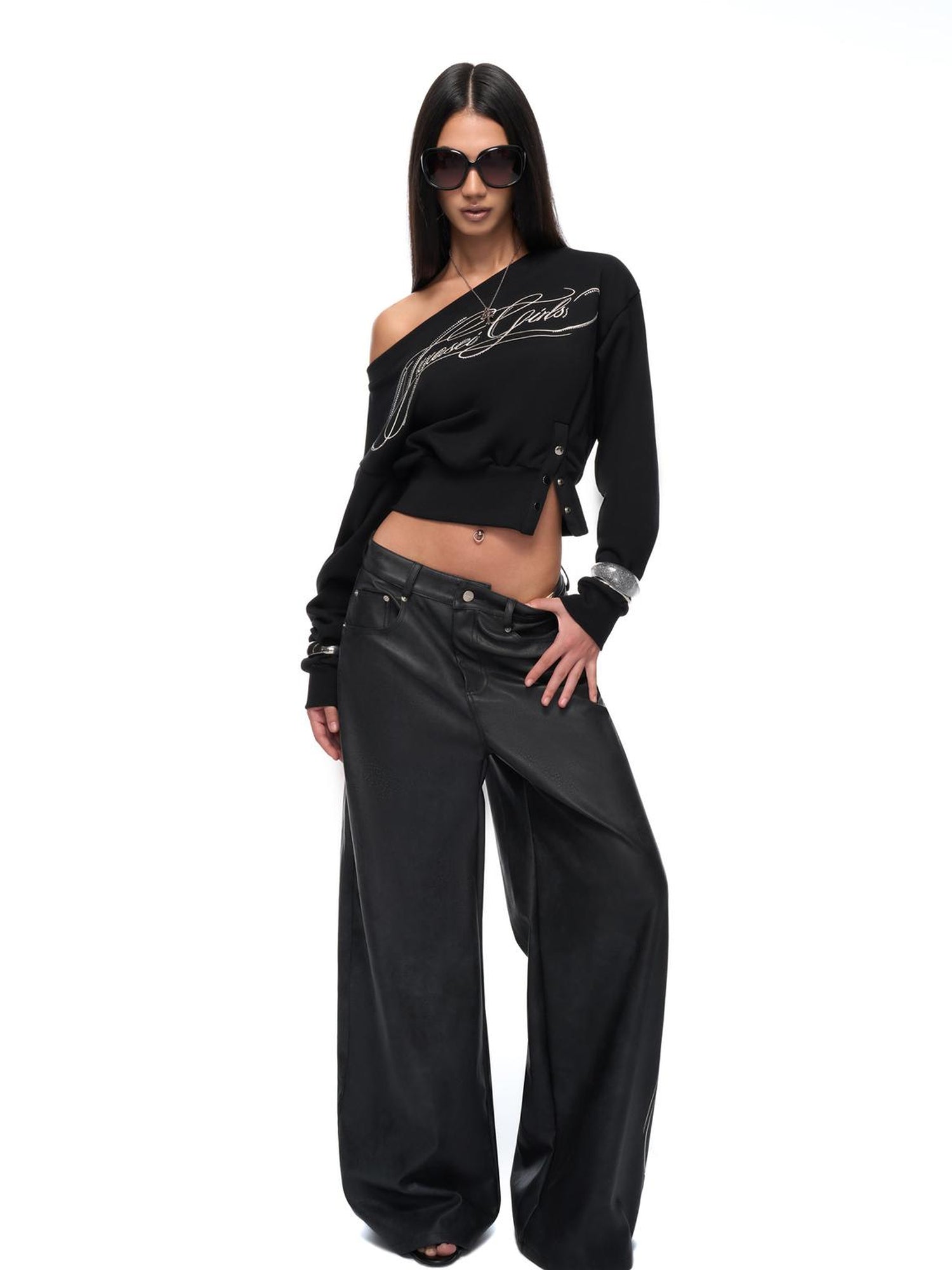 JYOSEI Off Shoulder Embroidered Crop Hoodie with Wide Leg Low Rise Leather Pants Set