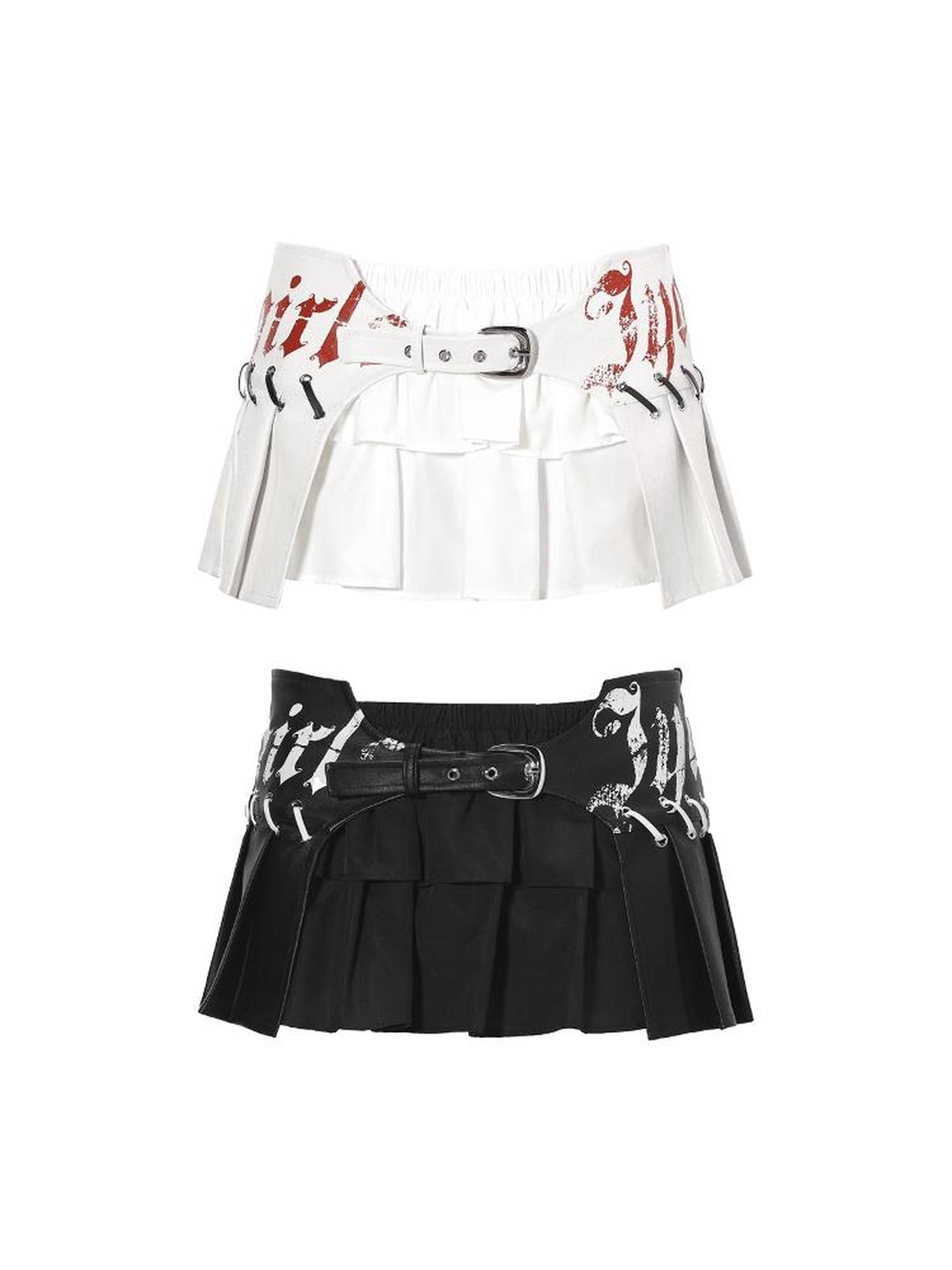 JYOSEI PU Leather Print Grommet Pleated Mini Skirt Low Waist Two-Tone Design