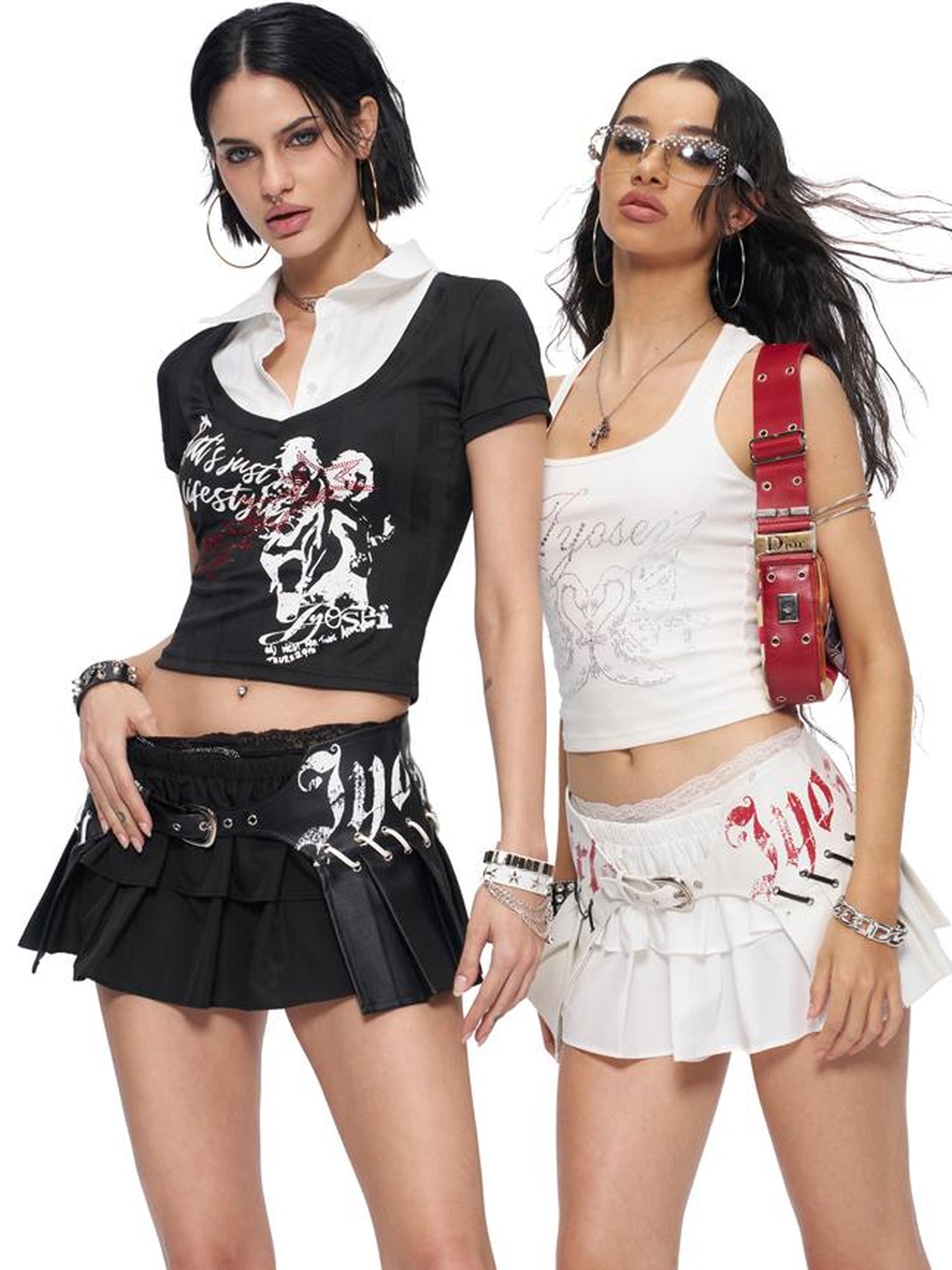 JYOSEI PU Leather Print Grommet Pleated Mini Skirt Low Waist Two-Tone Design