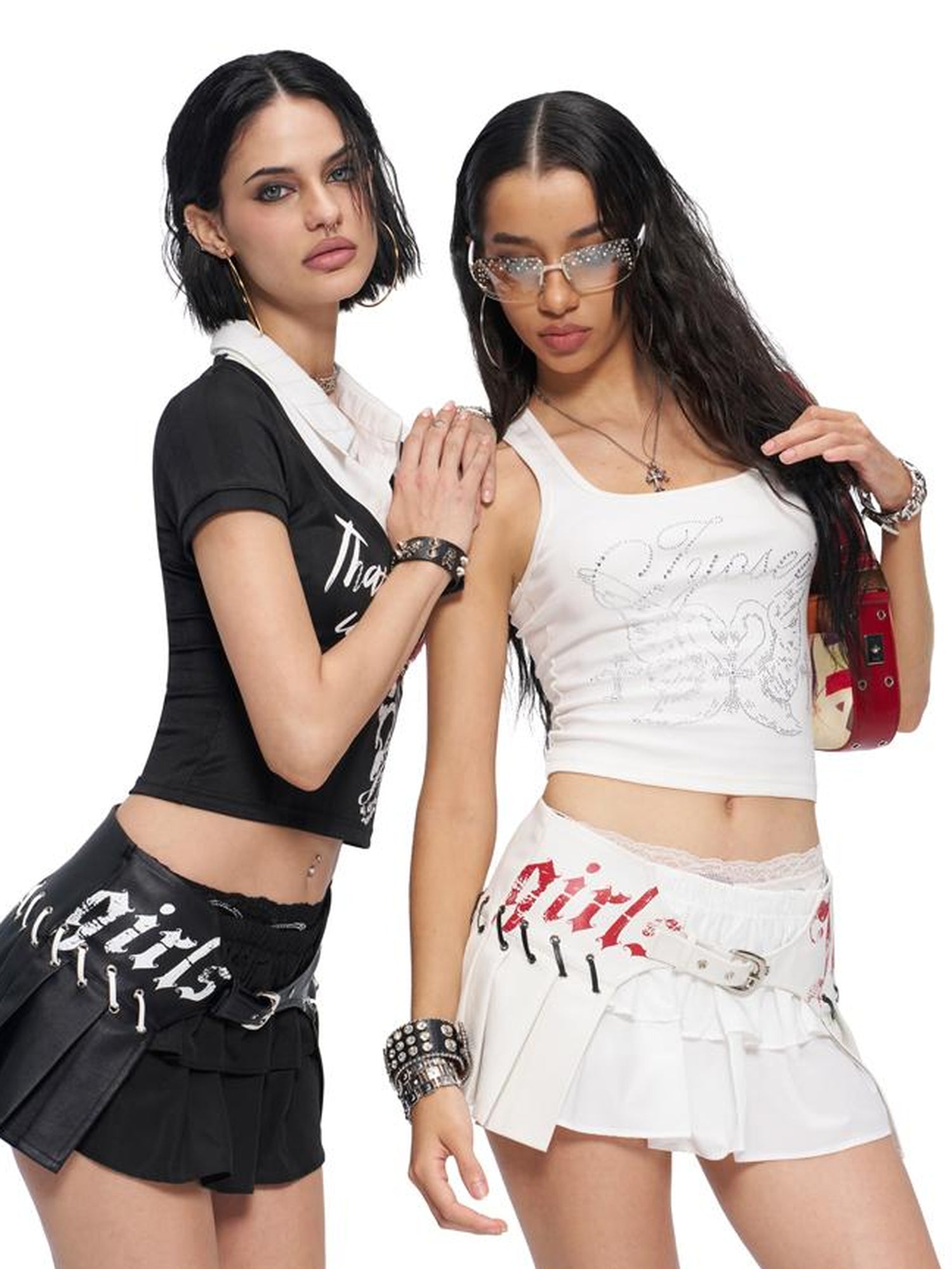 JYOSEI PU Leather Print Grommet Pleated Mini Skirt Low Waist Two-Tone Design