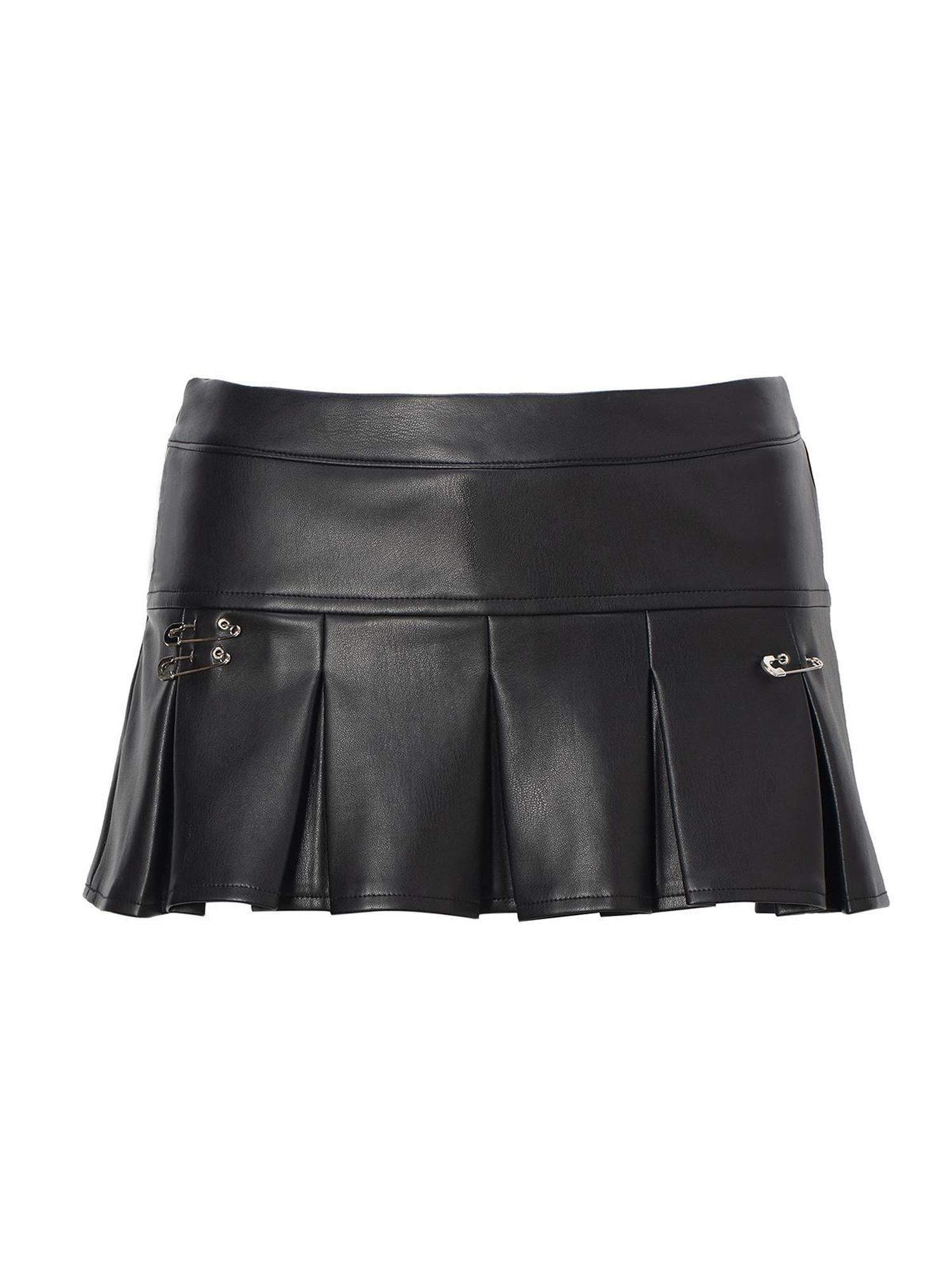 JYOSEI P U Mini Skirt with Eyelet Pin Detail Low Waist Stretch Leather