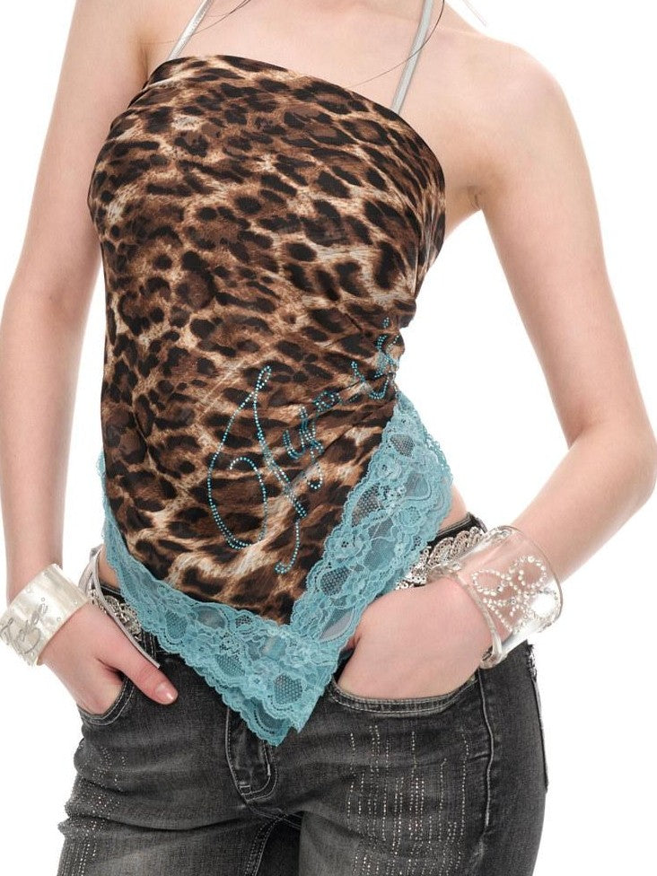JYOSEI Peacock Blue Lace Leopard Print Colorblock Women&