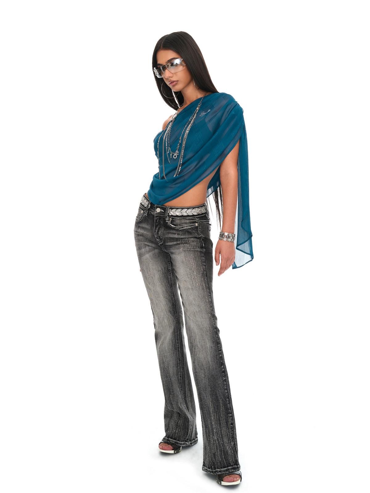 JYOSEI Peacock Blue Shirred Off Shoulder Rhinestone Women&