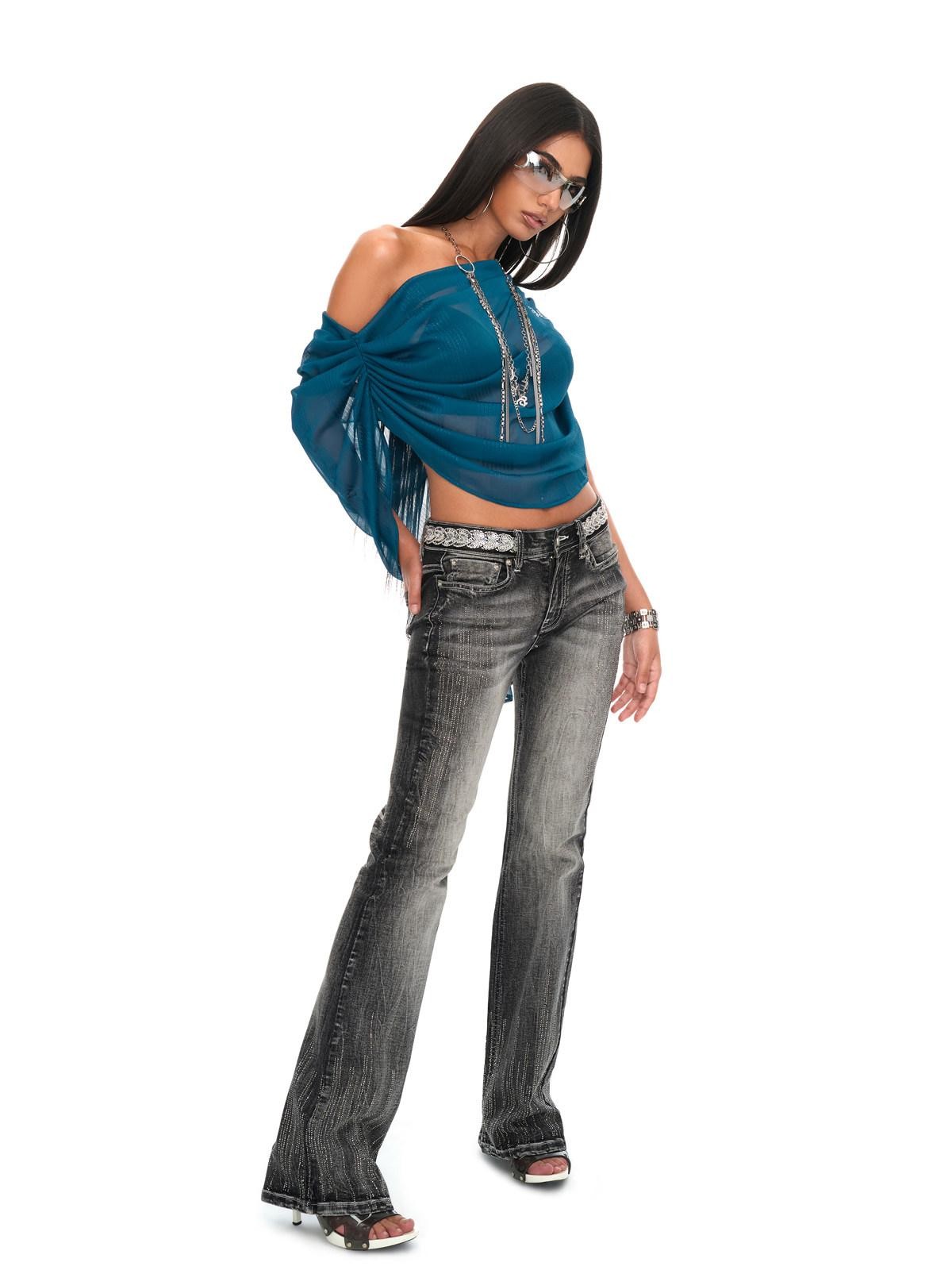JYOSEI Peacock Blue Shirred Off Shoulder Rhinestone Women&