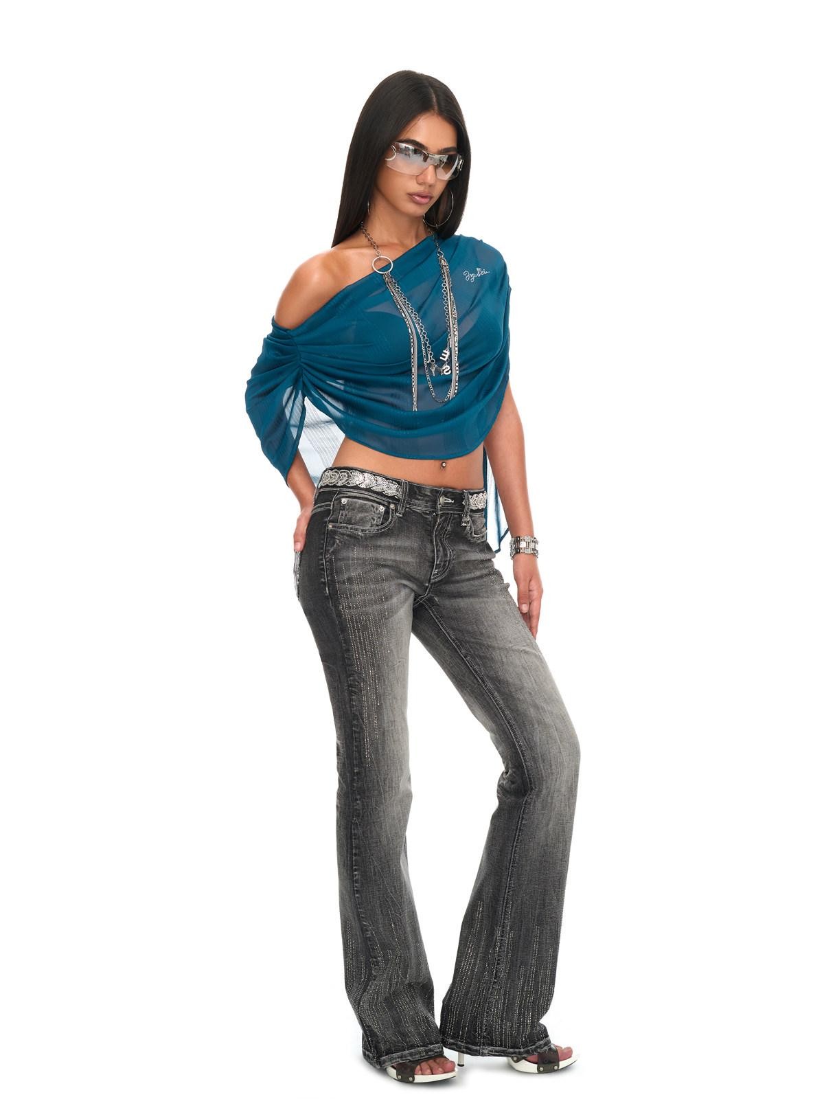 JYOSEI Peacock Blue Shirred Off Shoulder Rhinestone Women&