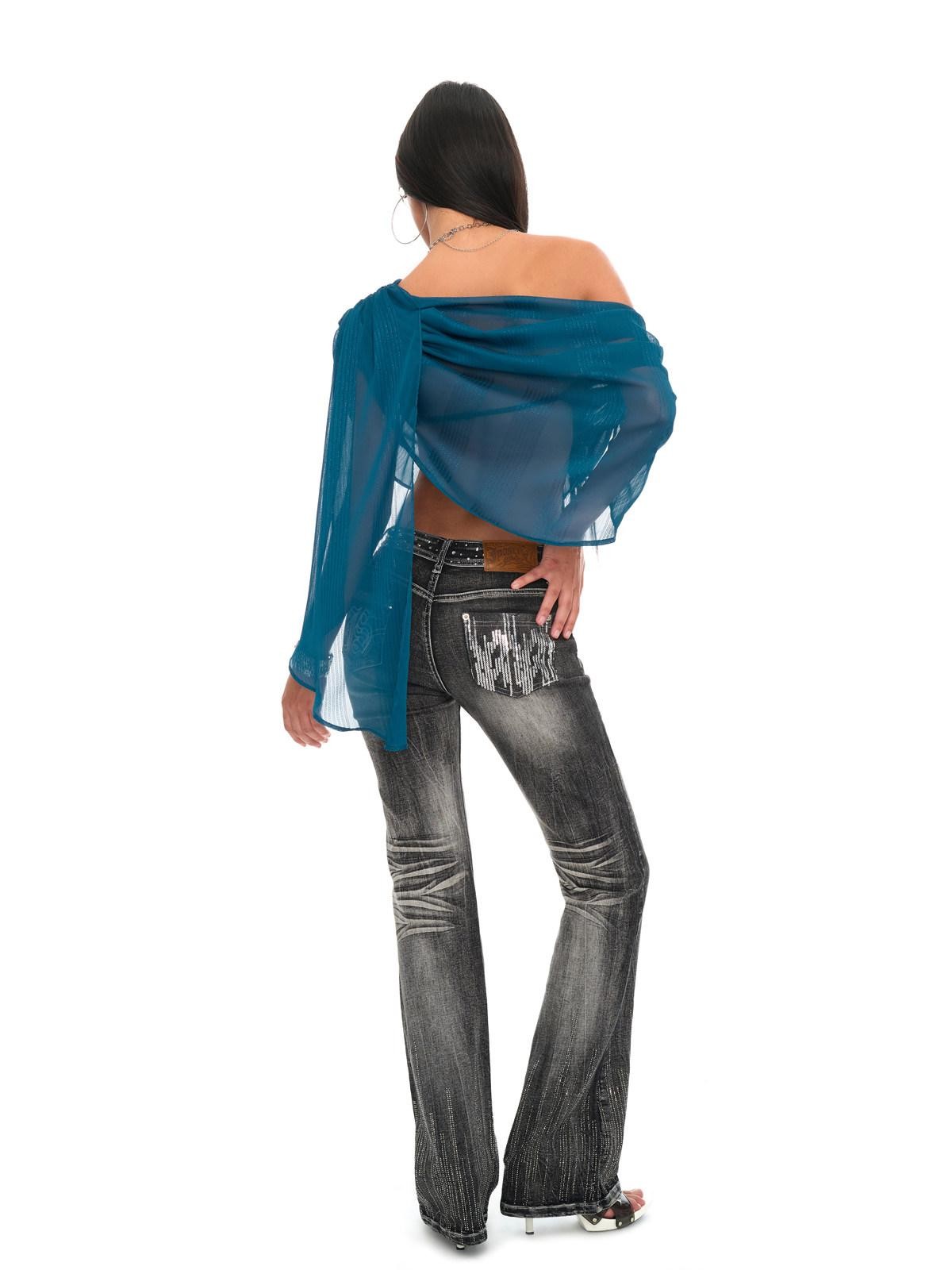 JYOSEI Peacock Blue Shirred Off Shoulder Rhinestone Women&