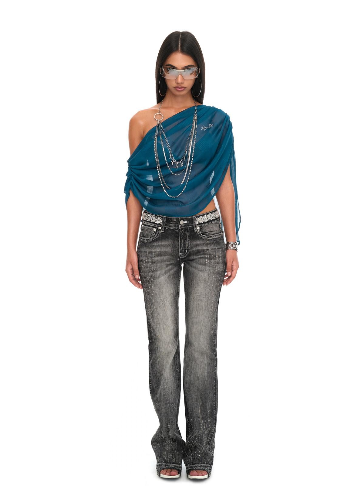 JYOSEI Peacock Blue Shirred Off Shoulder Rhinestone Women&