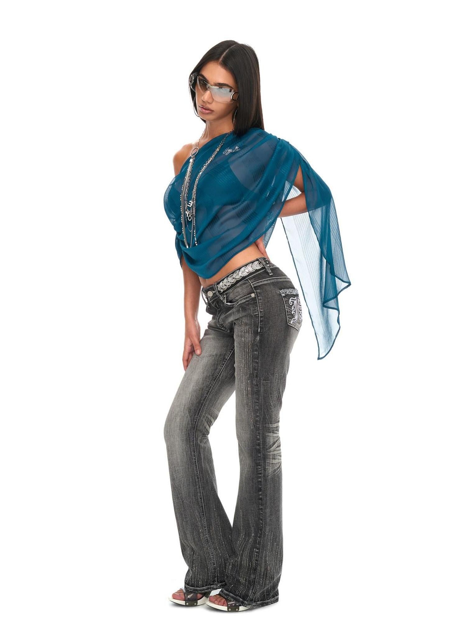 JYOSEI Peacock Blue Shirred Off Shoulder Rhinestone Women&