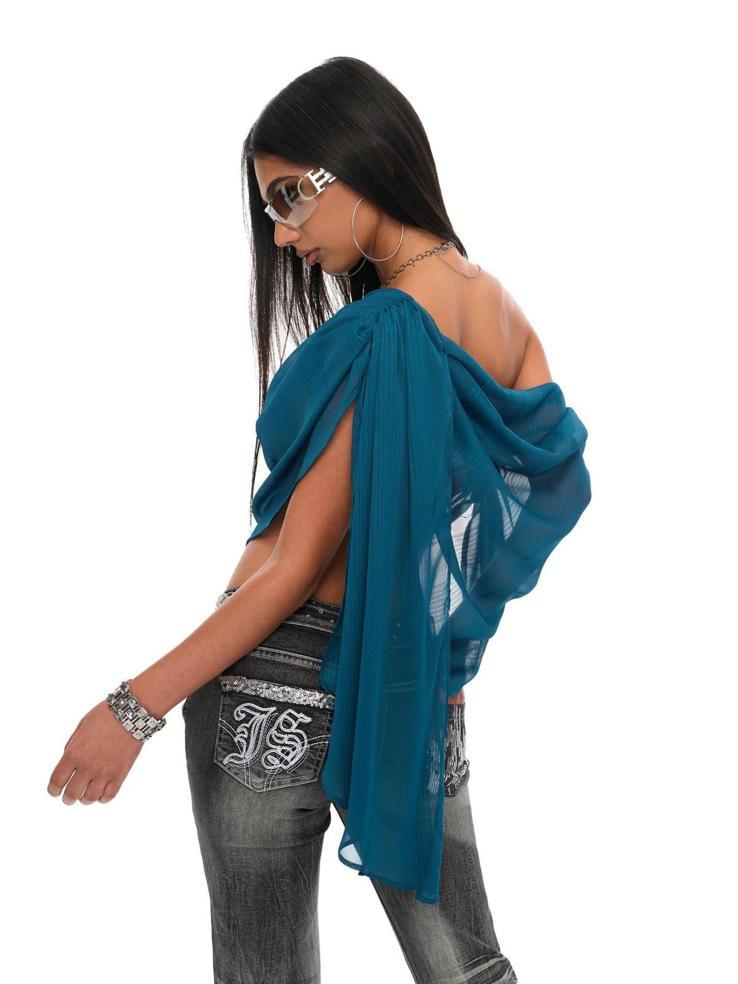 JYOSEI Peacock Blue Shirred Off Shoulder Rhinestone Women&