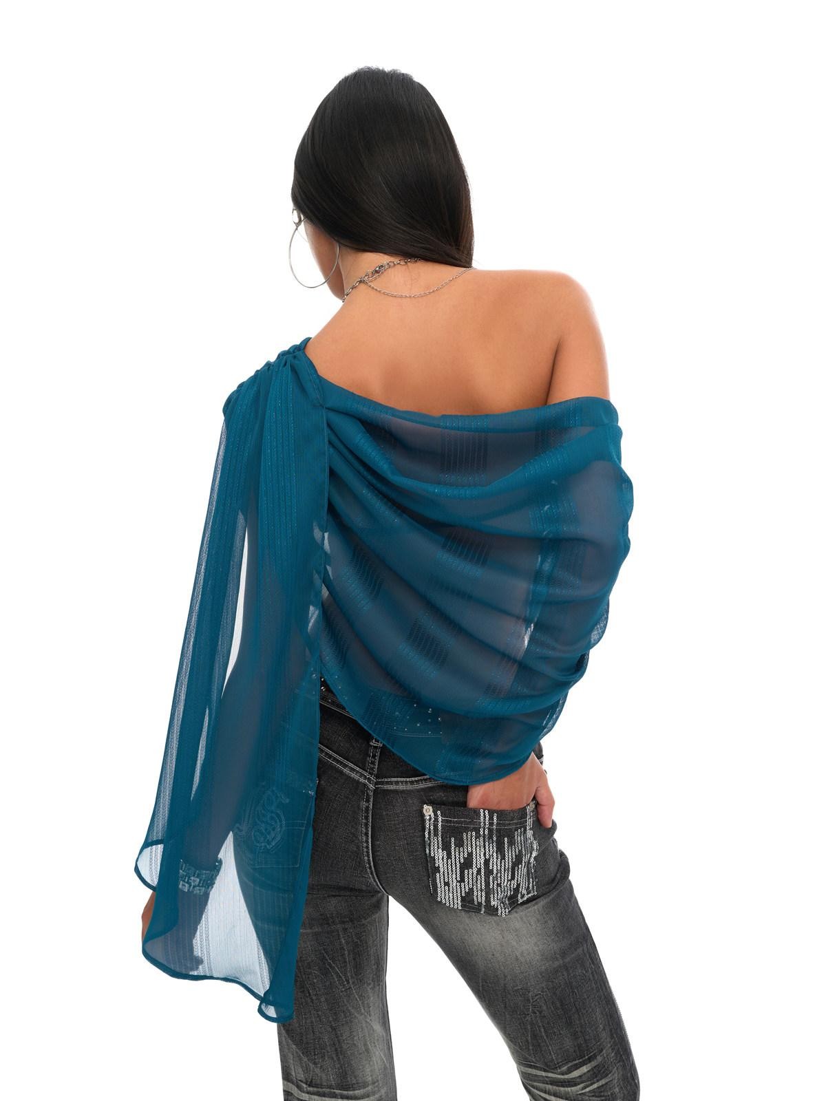 JYOSEI Peacock Blue Shirred Off Shoulder Rhinestone Women&