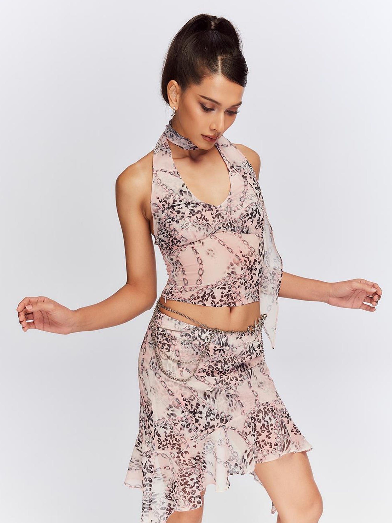 JYOSEI Pink Chiffon Leopard Print Halter Chain Skirt Set
