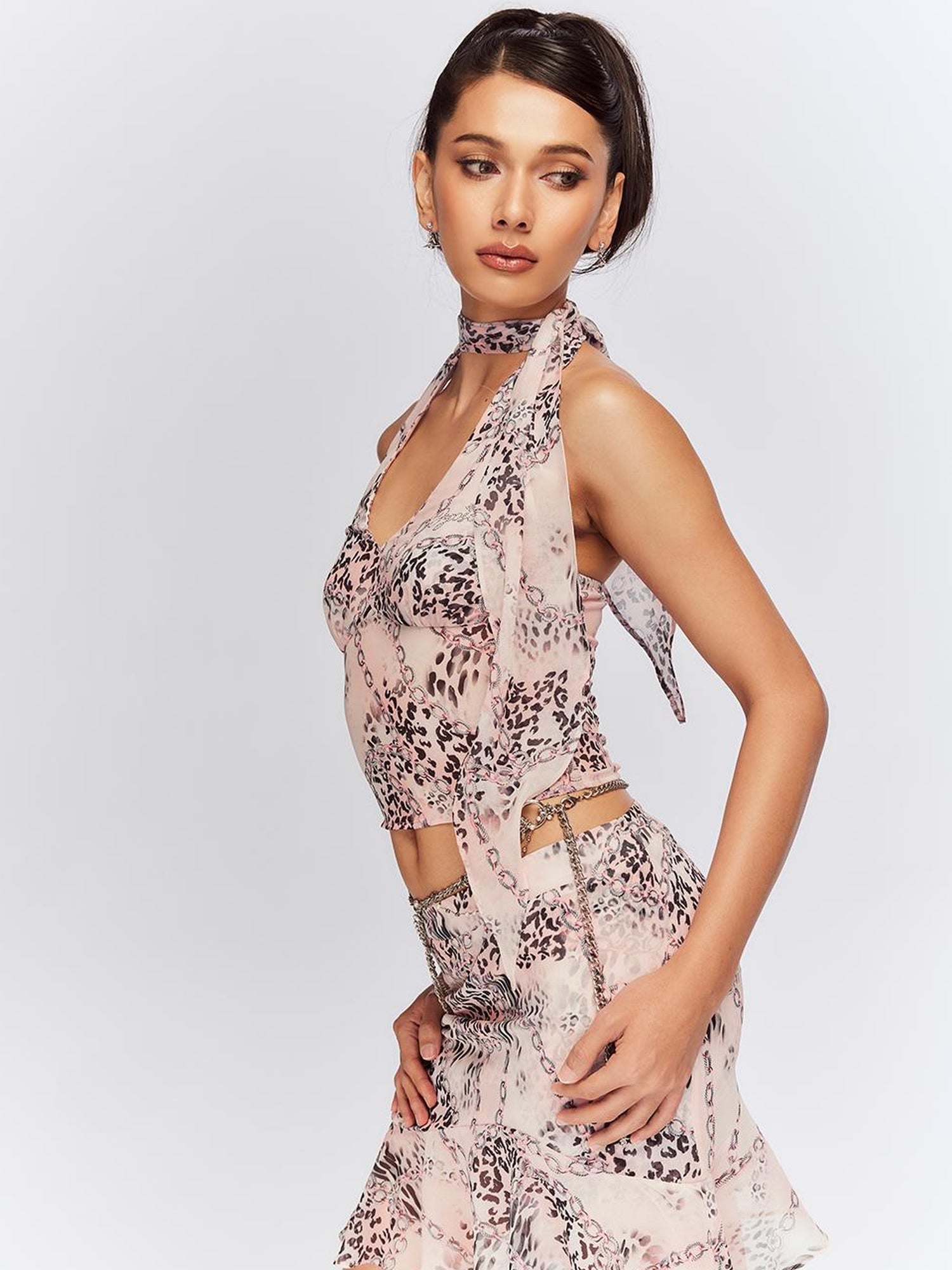 JYOSEI Pink Chiffon Leopard Print Halter Chain Skirt Set