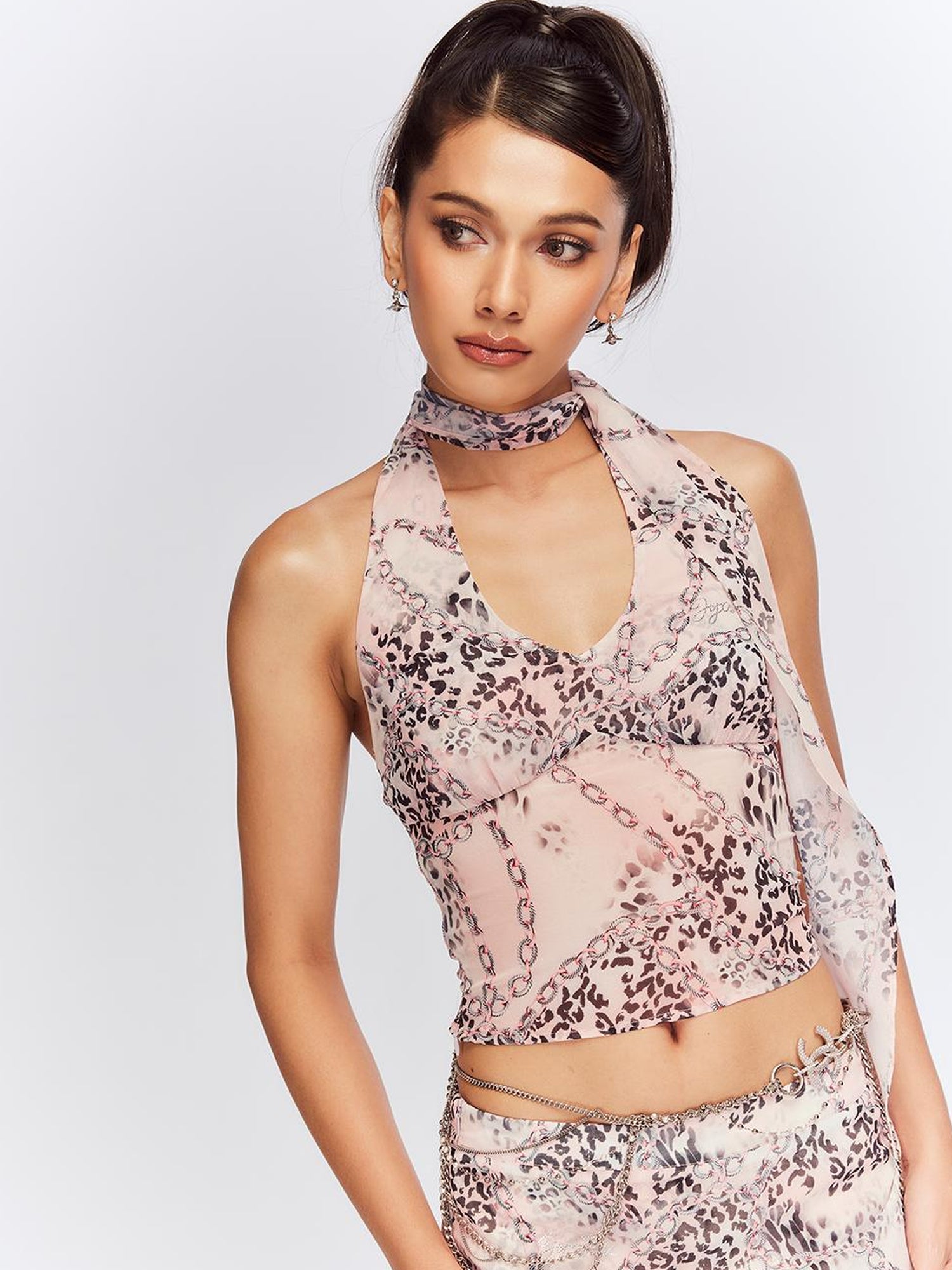 JYOSEI Pink Chiffon Leopard Print Halter Chain Skirt Set