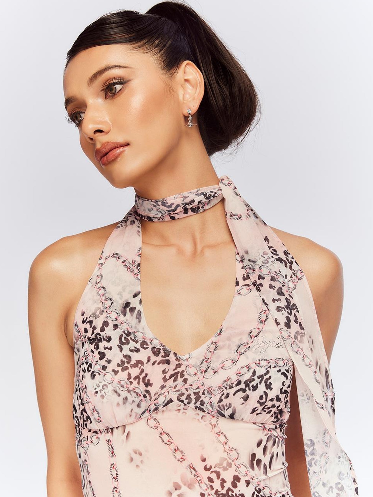 JYOSEI Pink Chiffon Leopard Print Halter Chain Skirt Set