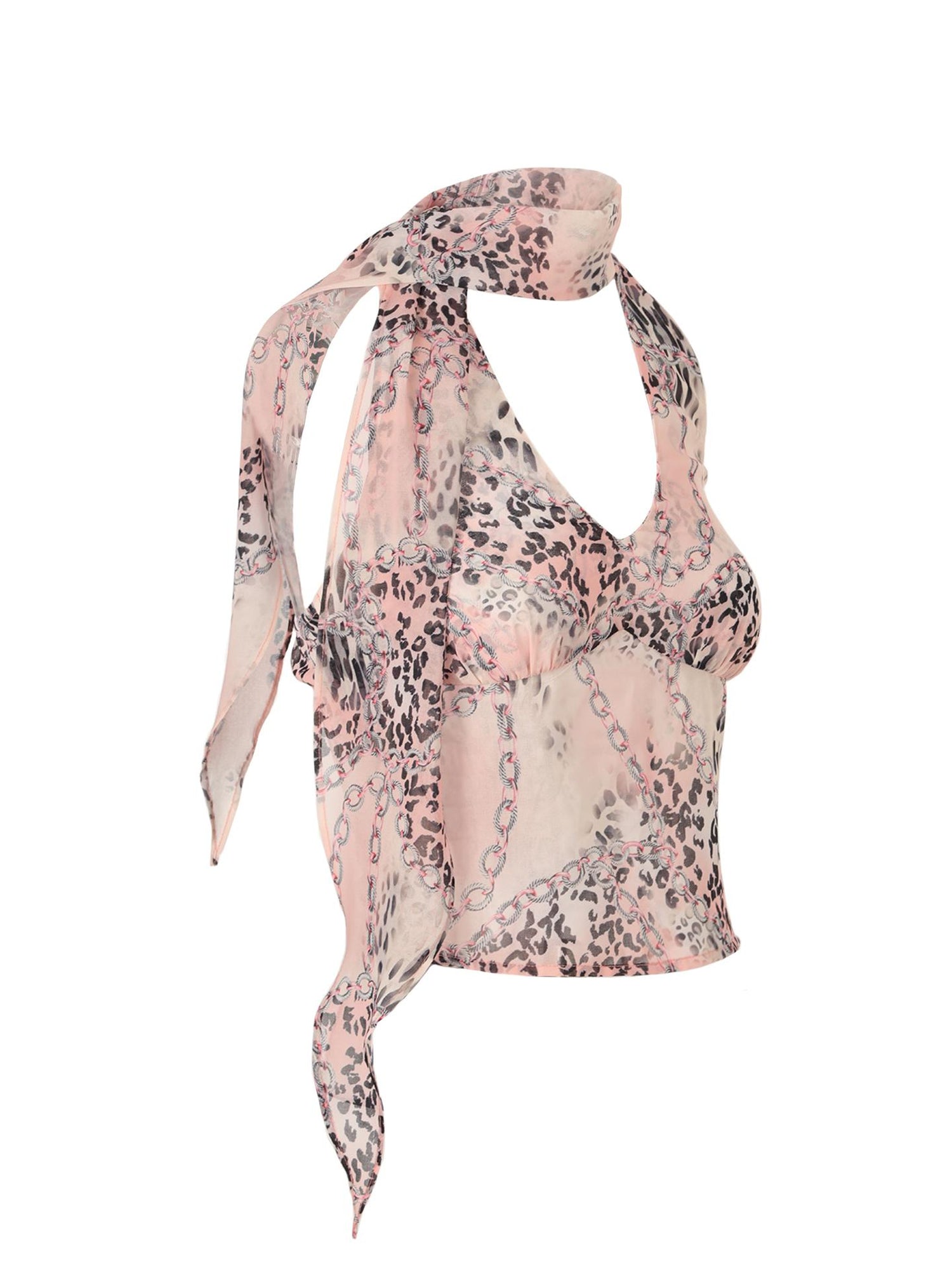 JYOSEI Pink Chiffon Leopard Print Halter Chain Skirt Set