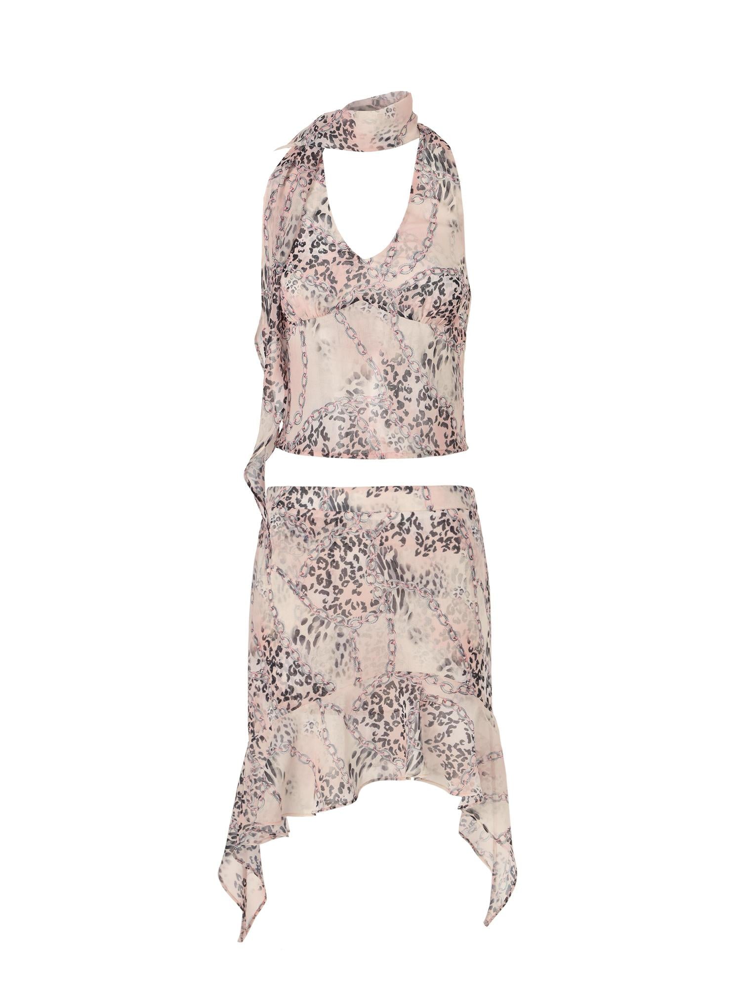 JYOSEI Pink Chiffon Leopard Print Halter Chain Skirt Set