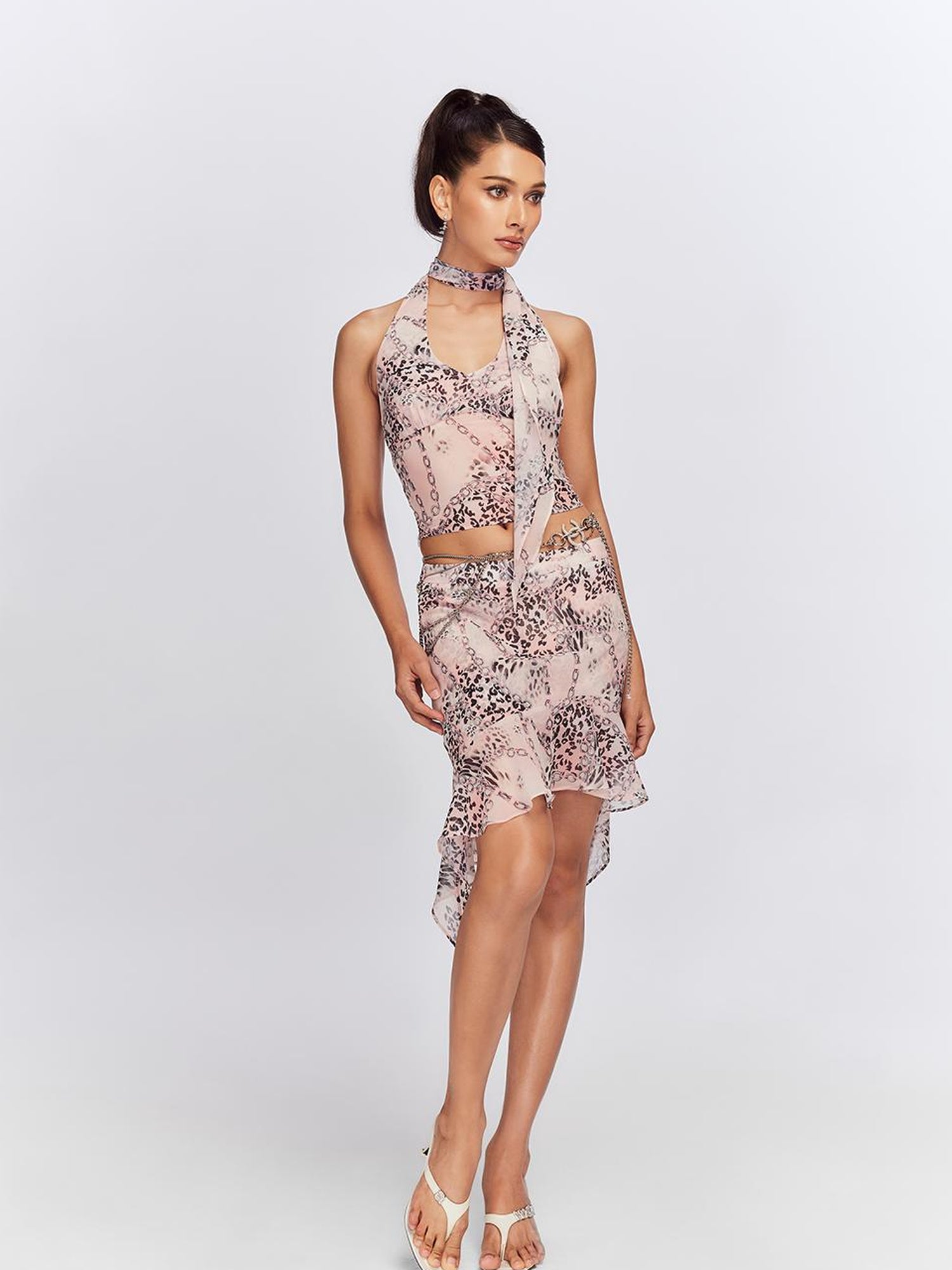 JYOSEI Pink Chiffon Leopard Print Halter Chain Skirt Set