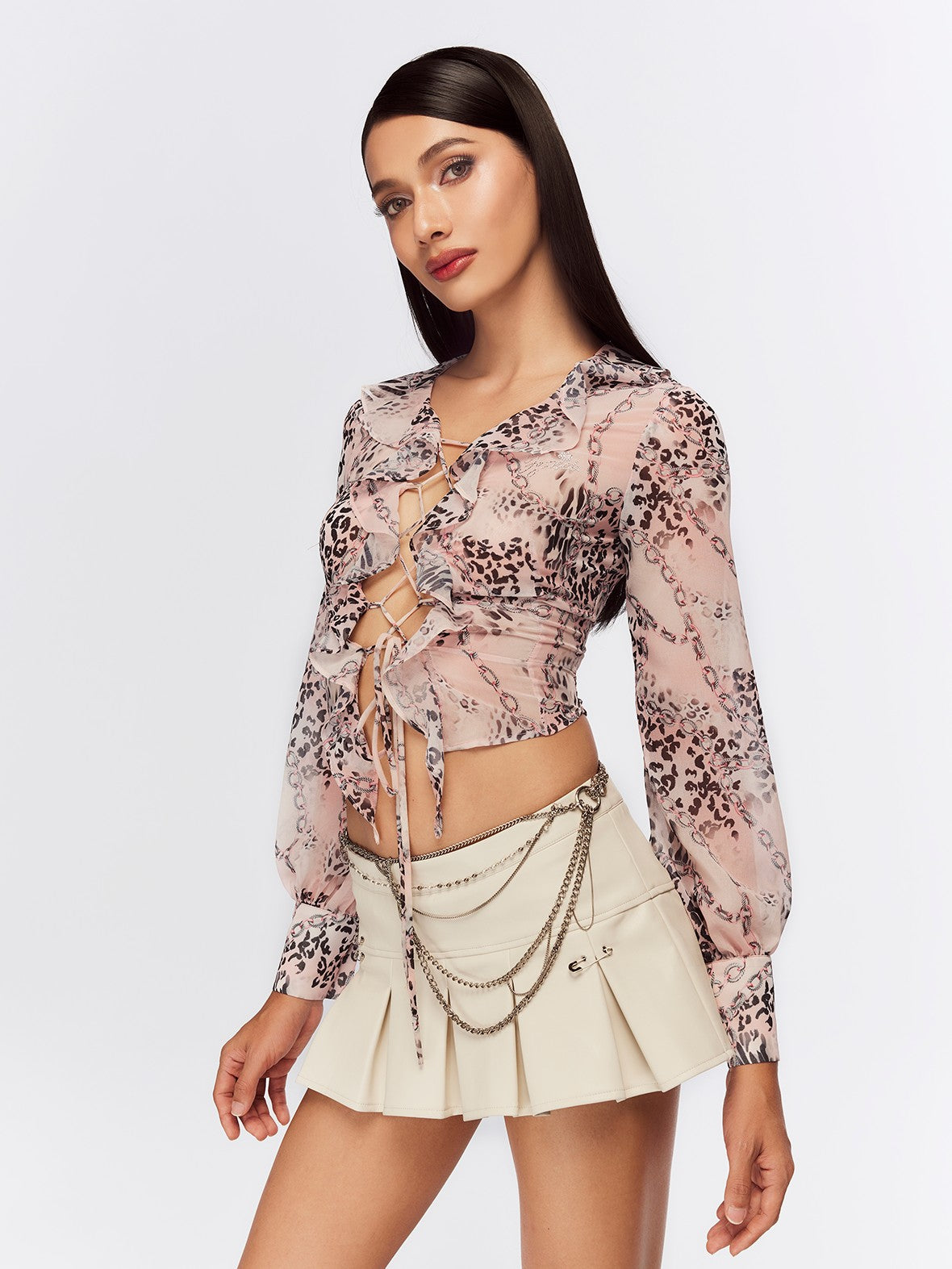 JYOSEI Pink Leopard Print Ruffle Tie Lantern Sleeve Slim Fit Women&