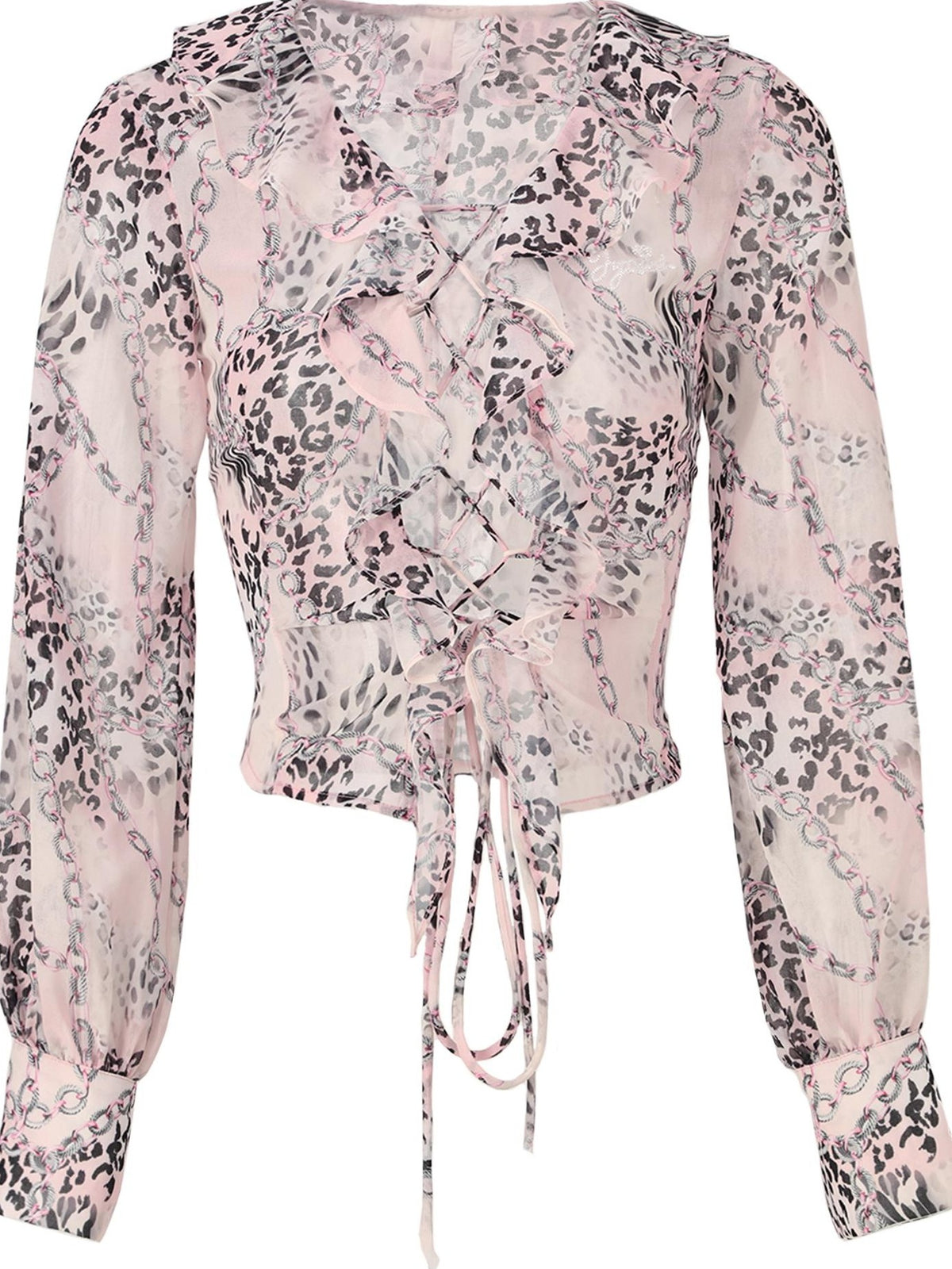 JYOSEI Pink Leopard Print Ruffle Tie Lantern Sleeve Slim Fit Women&