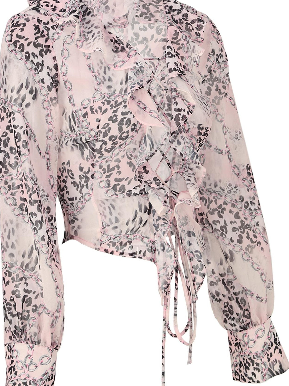 JYOSEI Pink Leopard Print Ruffle Tie Lantern Sleeve Slim Fit Women&