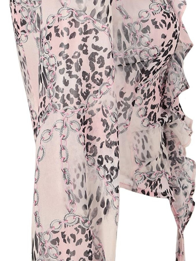 JYOSEI Pink Leopard Print Ruffle Tie Lantern Sleeve Slim Fit Women&