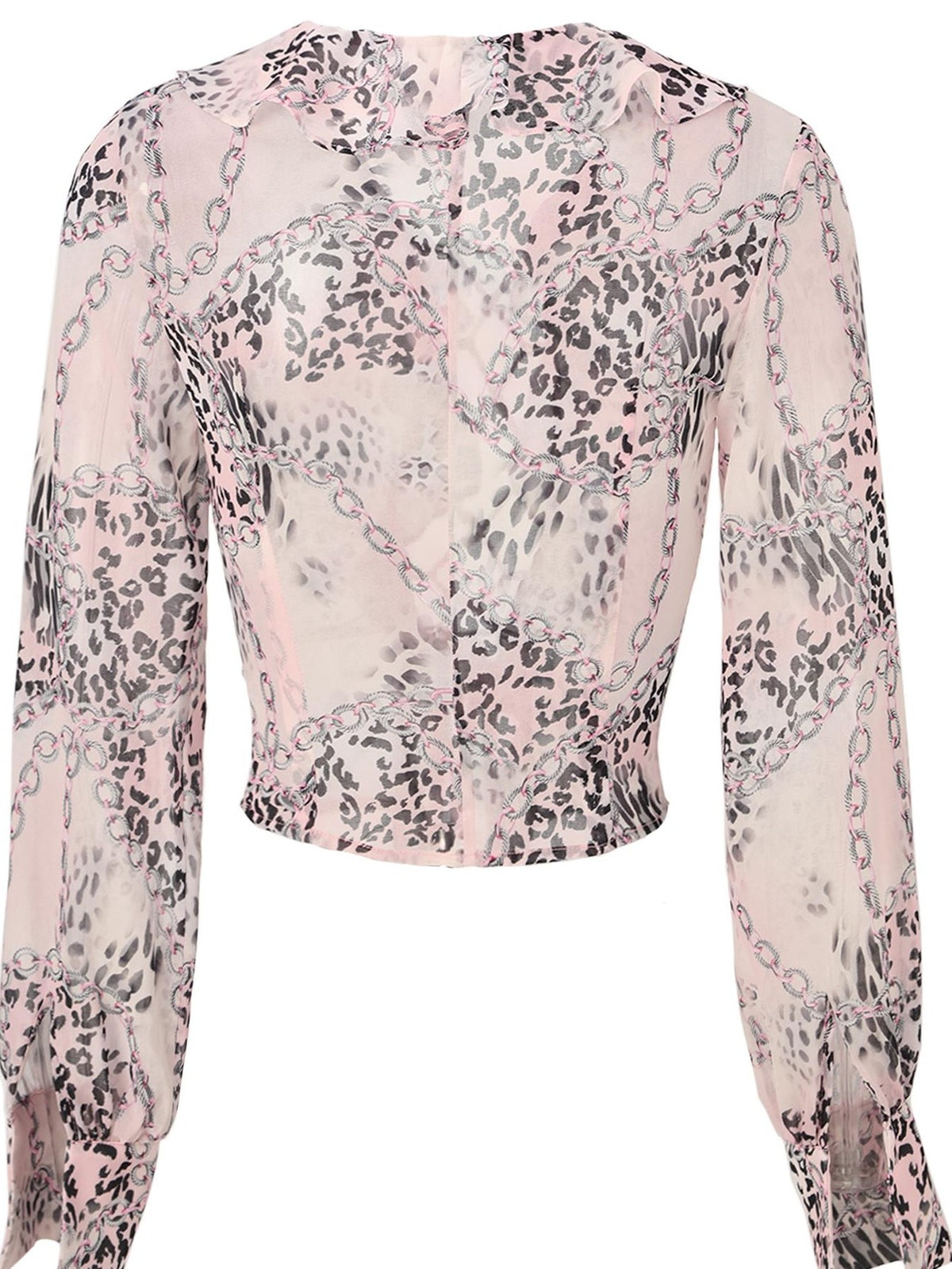 JYOSEI Pink Leopard Print Ruffle Tie Lantern Sleeve Slim Fit Women&