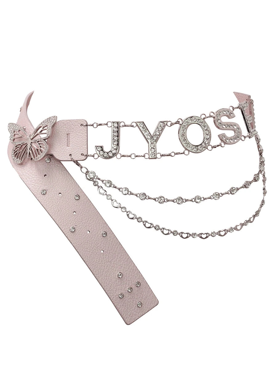 Pink PU Chain Strap Y2K Rhinestone Wide Belt