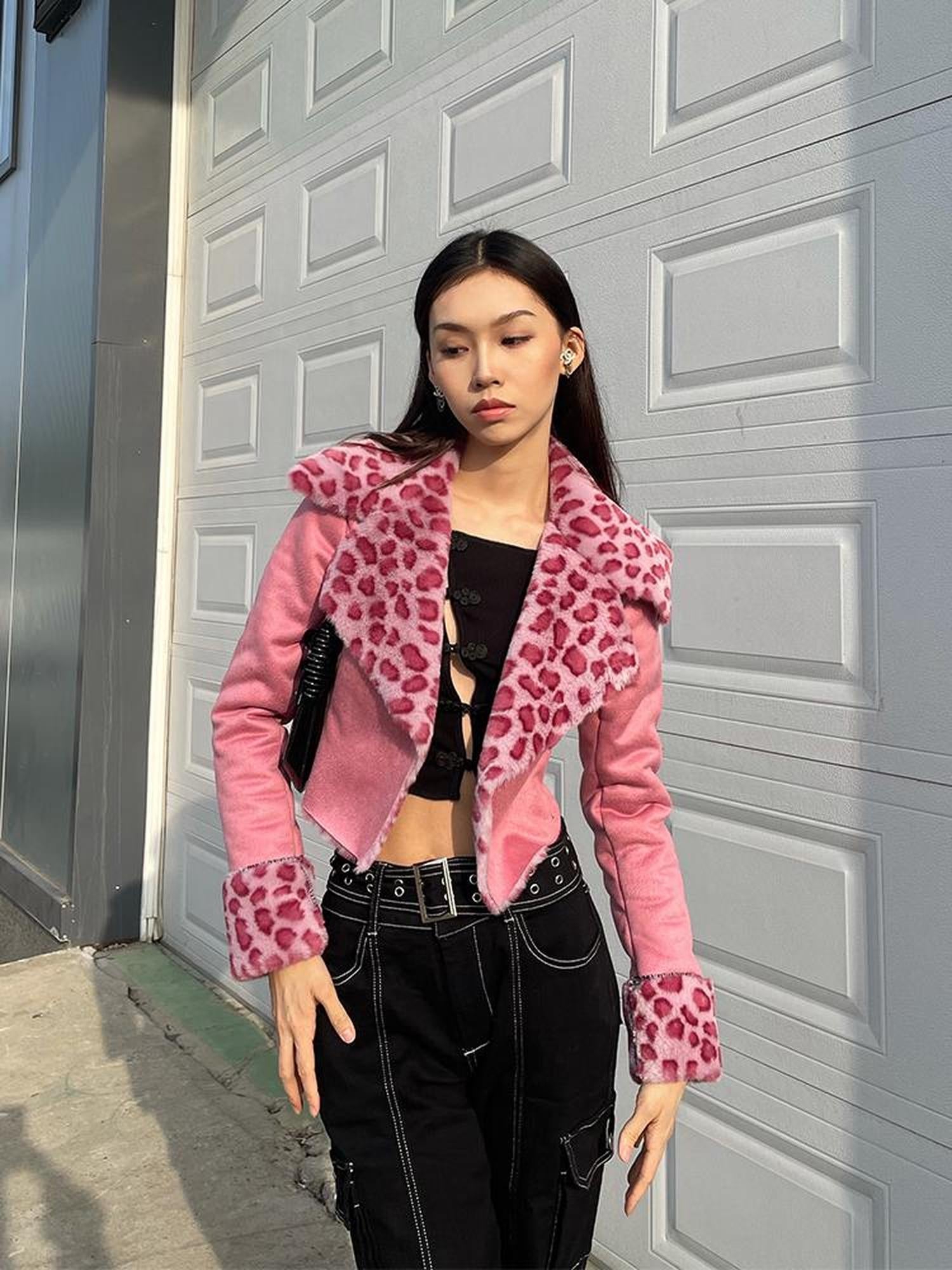 JYOSEI Pink Suede Rabbit Hair Leopard Print Short Jacket