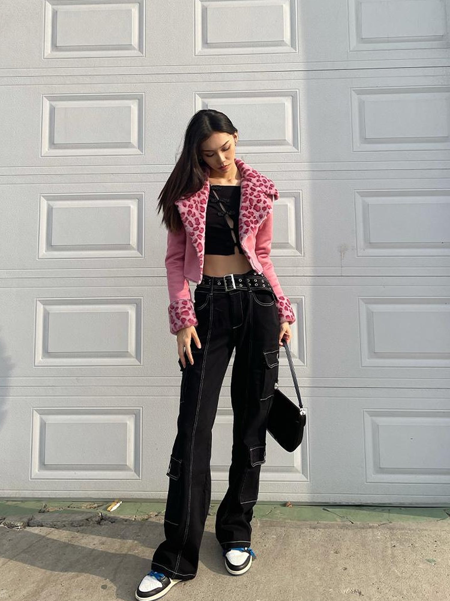 JYOSEI Pink Suede Rabbit Hair Leopard Print Short Jacket