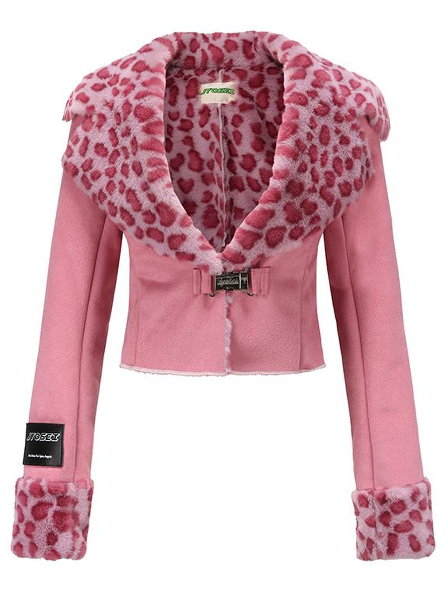 JYOSEI Pink Suede Rabbit Hair Leopard Print Short Jacket