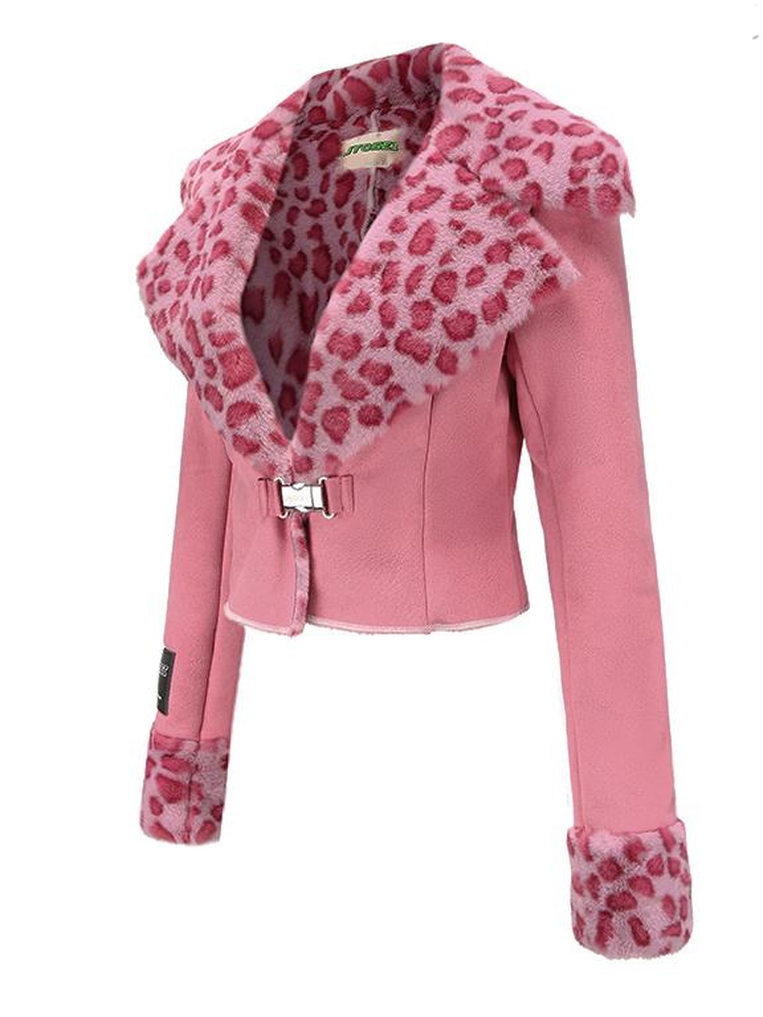JYOSEI Pink Suede Rabbit Hair Leopard Print Short Jacket