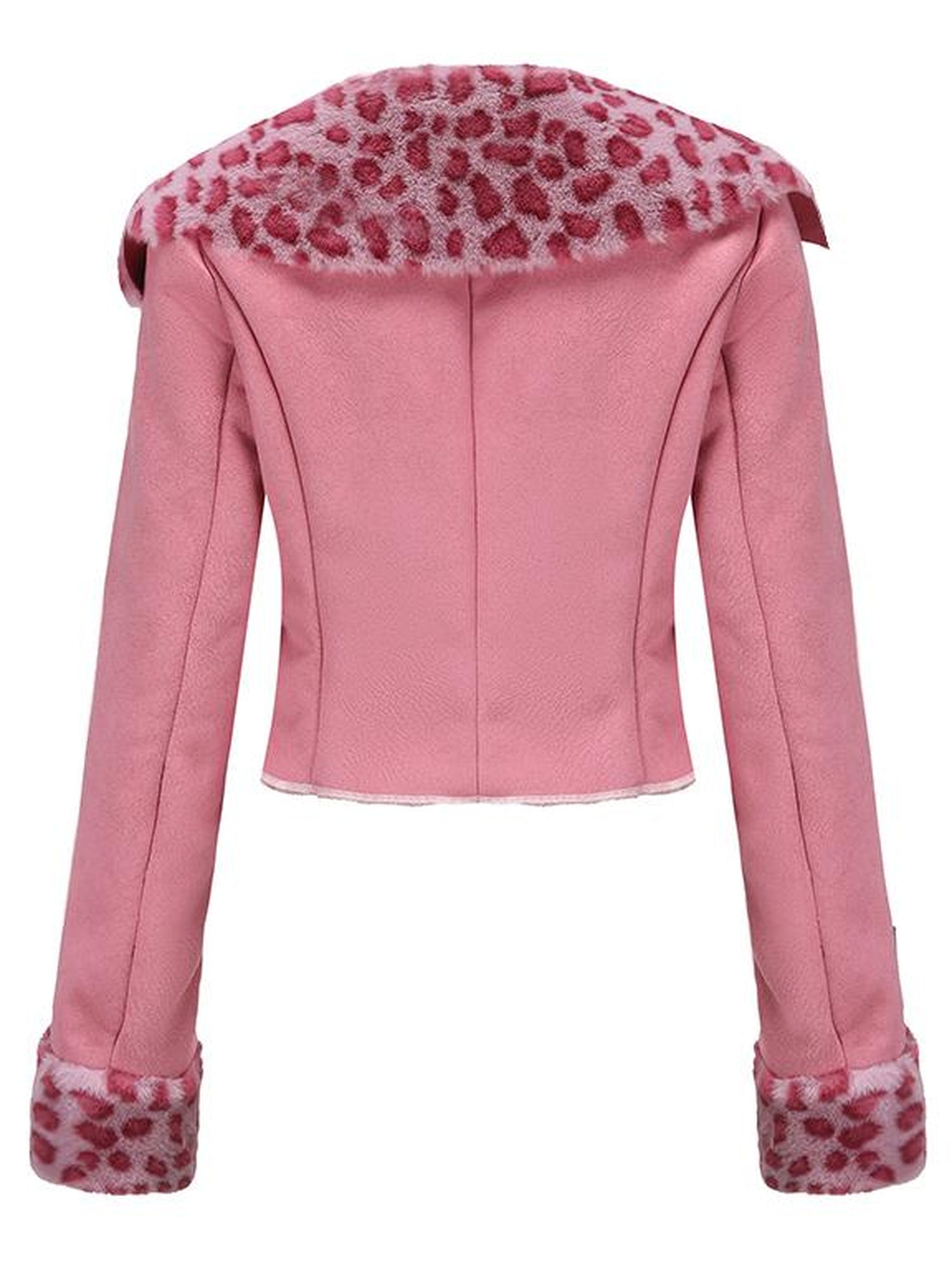 JYOSEI Pink Suede Rabbit Hair Leopard Print Short Jacket