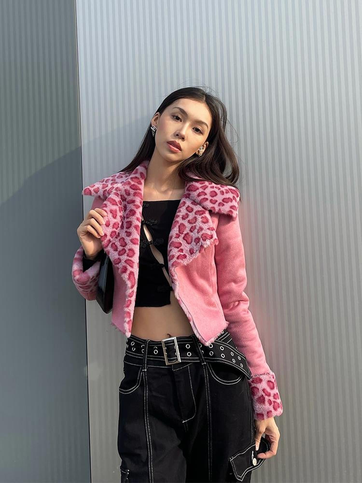 JYOSEI Pink Suede Rabbit Hair Leopard Print Short Jacket