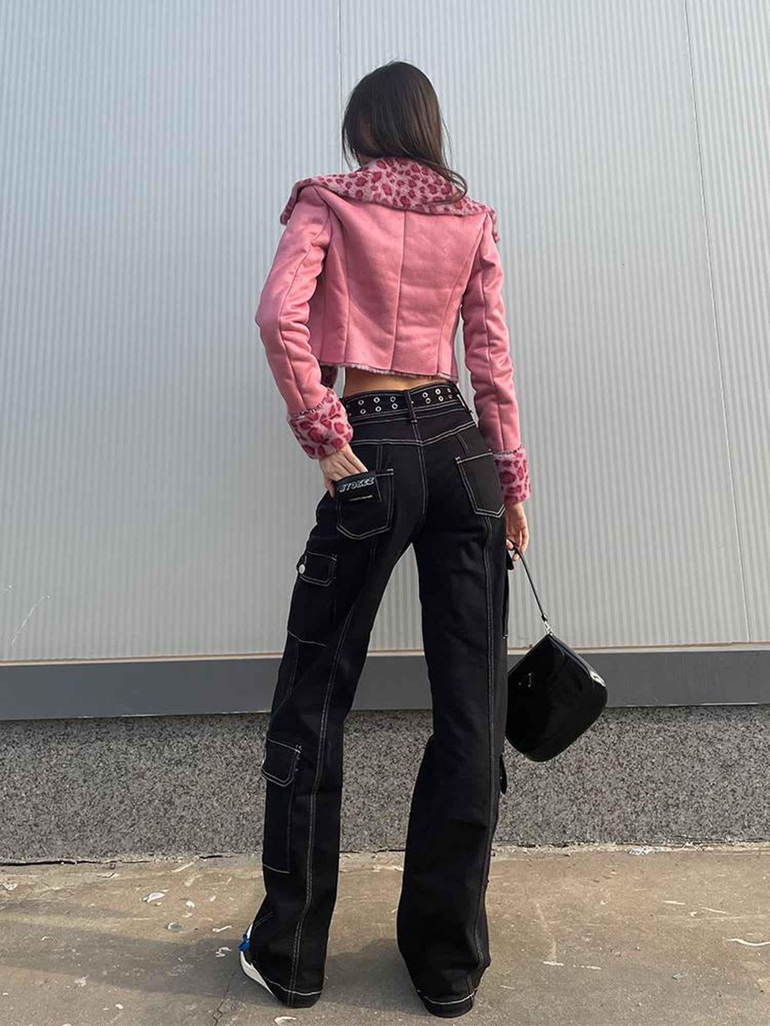 JYOSEI Pink Suede Rabbit Hair Leopard Print Short Jacket