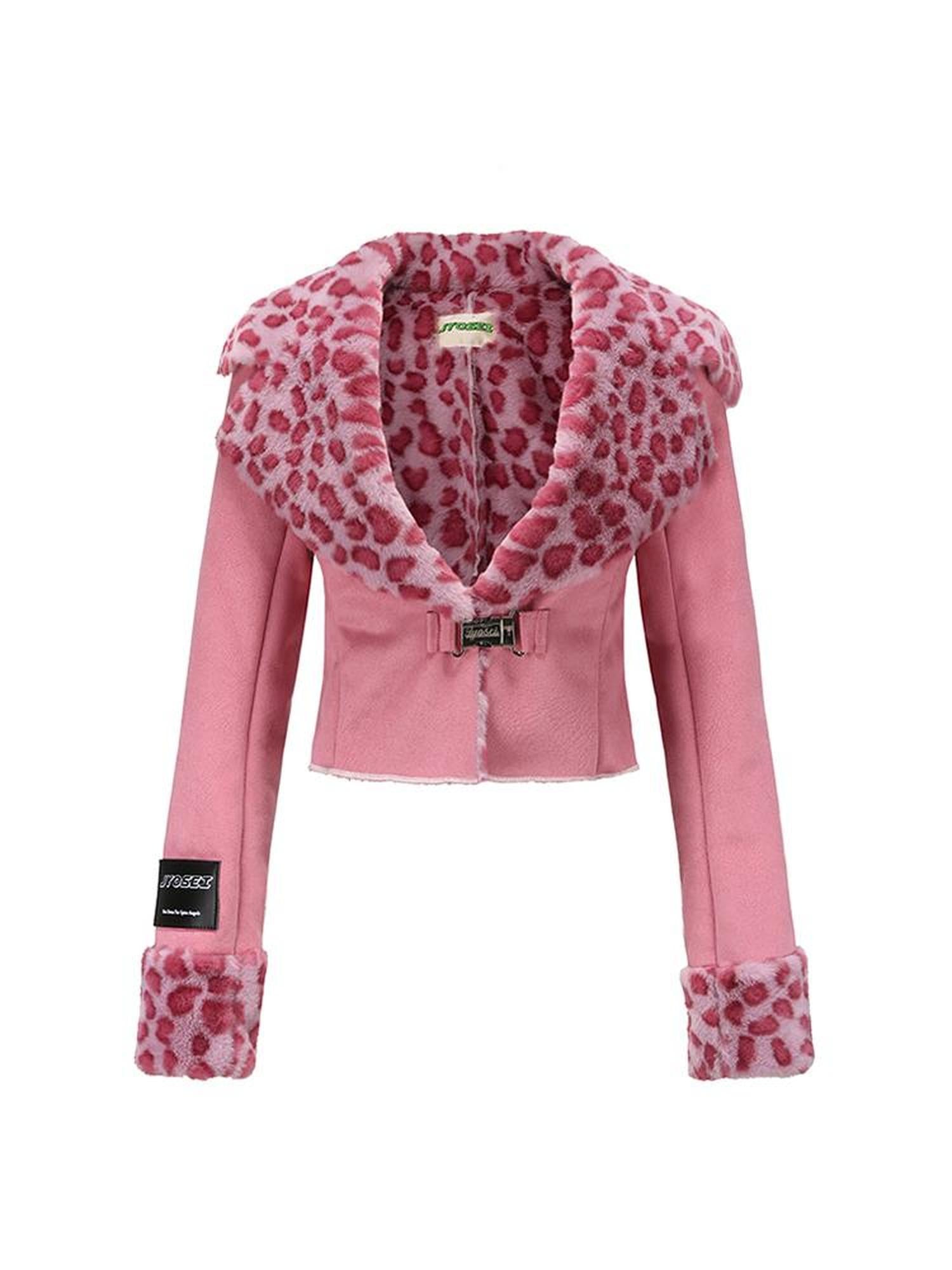 JYOSEI Pink Suede Rabbit Hair Leopard Print Short Jacket