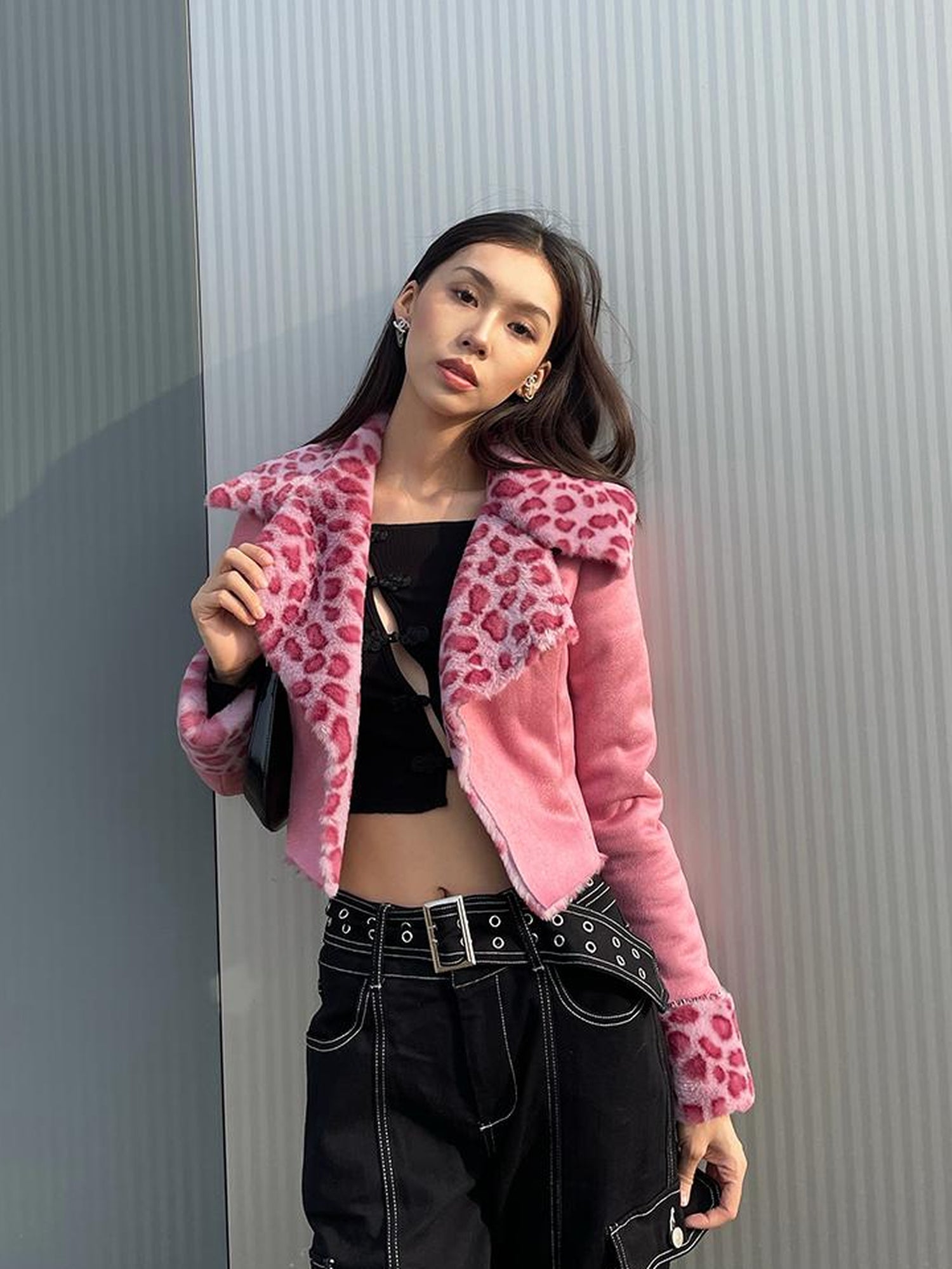 JYOSEI Pink Suede Rabbit Hair Leopard Print Short Jacket