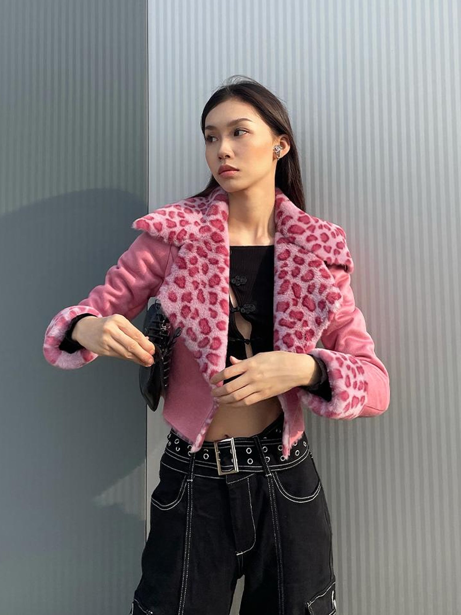 JYOSEI Pink Suede Rabbit Hair Leopard Print Short Jacket