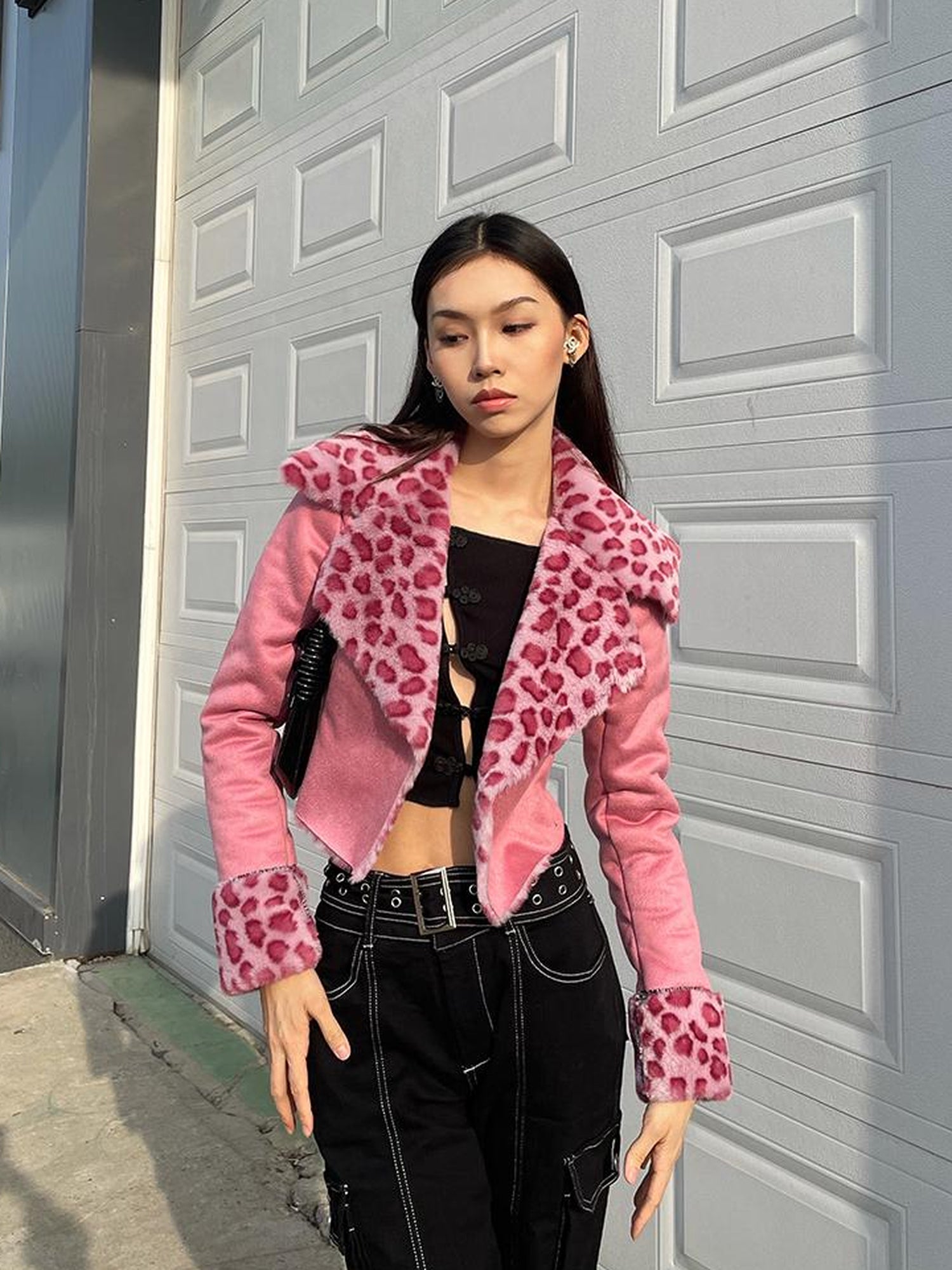 JYOSEI Pink Suede Rabbit Hair Leopard Print Short Jacket