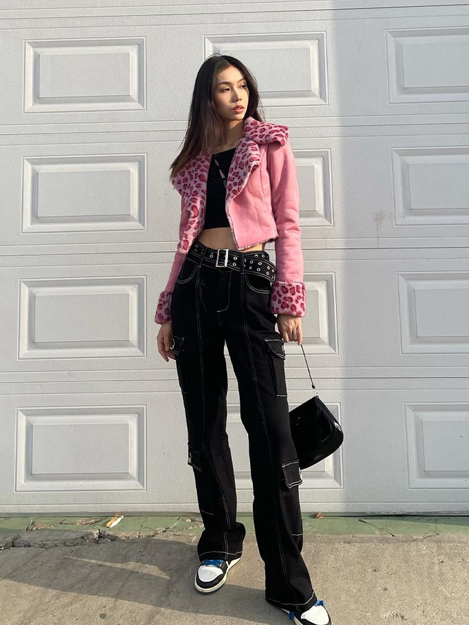 JYOSEI Pink Suede Rabbit Hair Leopard Print Short Jacket