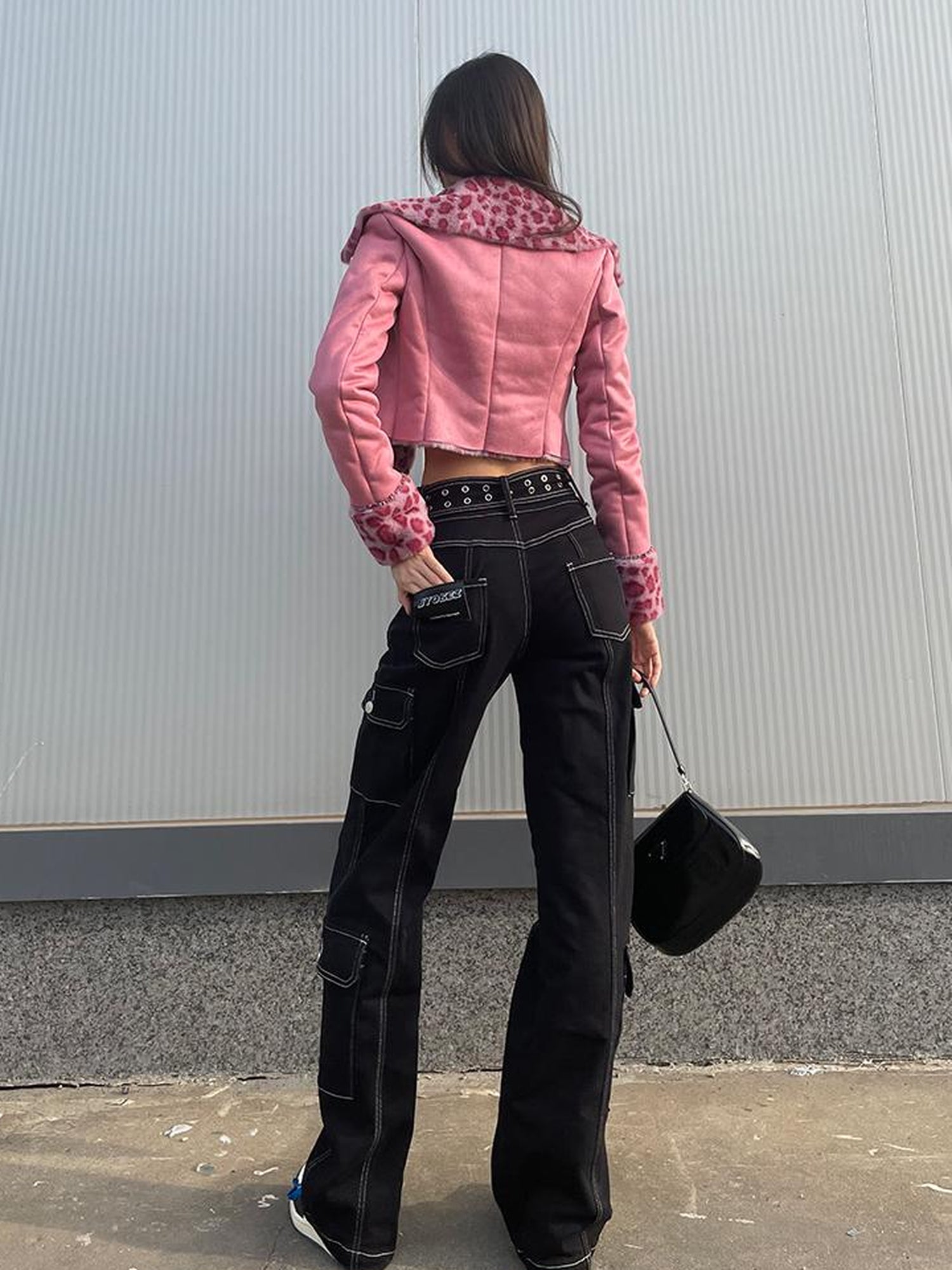 JYOSEI Pink Suede Rabbit Hair Leopard Print Short Jacket